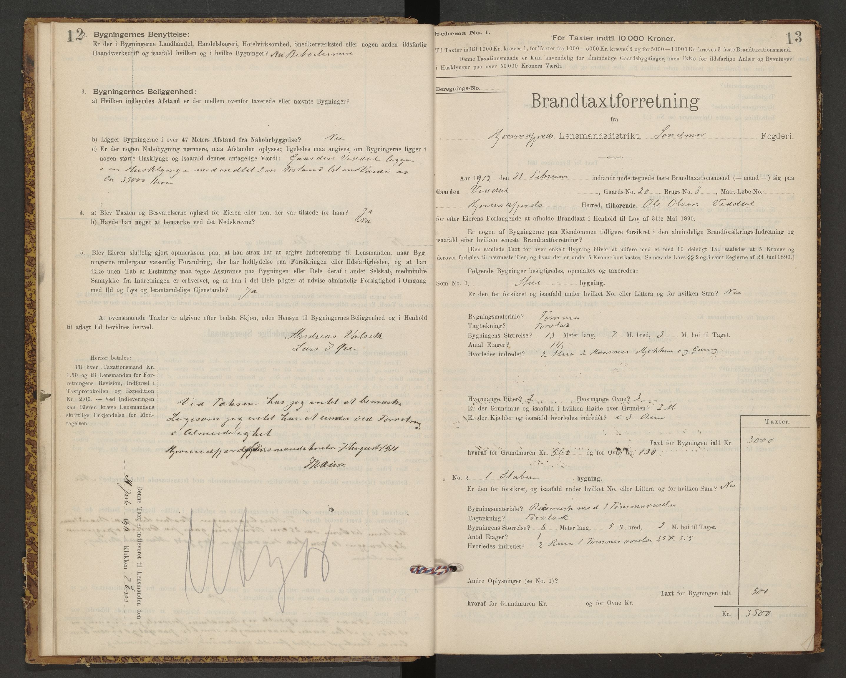 Norges Brannkasse Hjørundfjord, AV/SAT-A-5490/F/Fb/L0001: Branntakstprotokoll, 1911-1949, p. 12-13