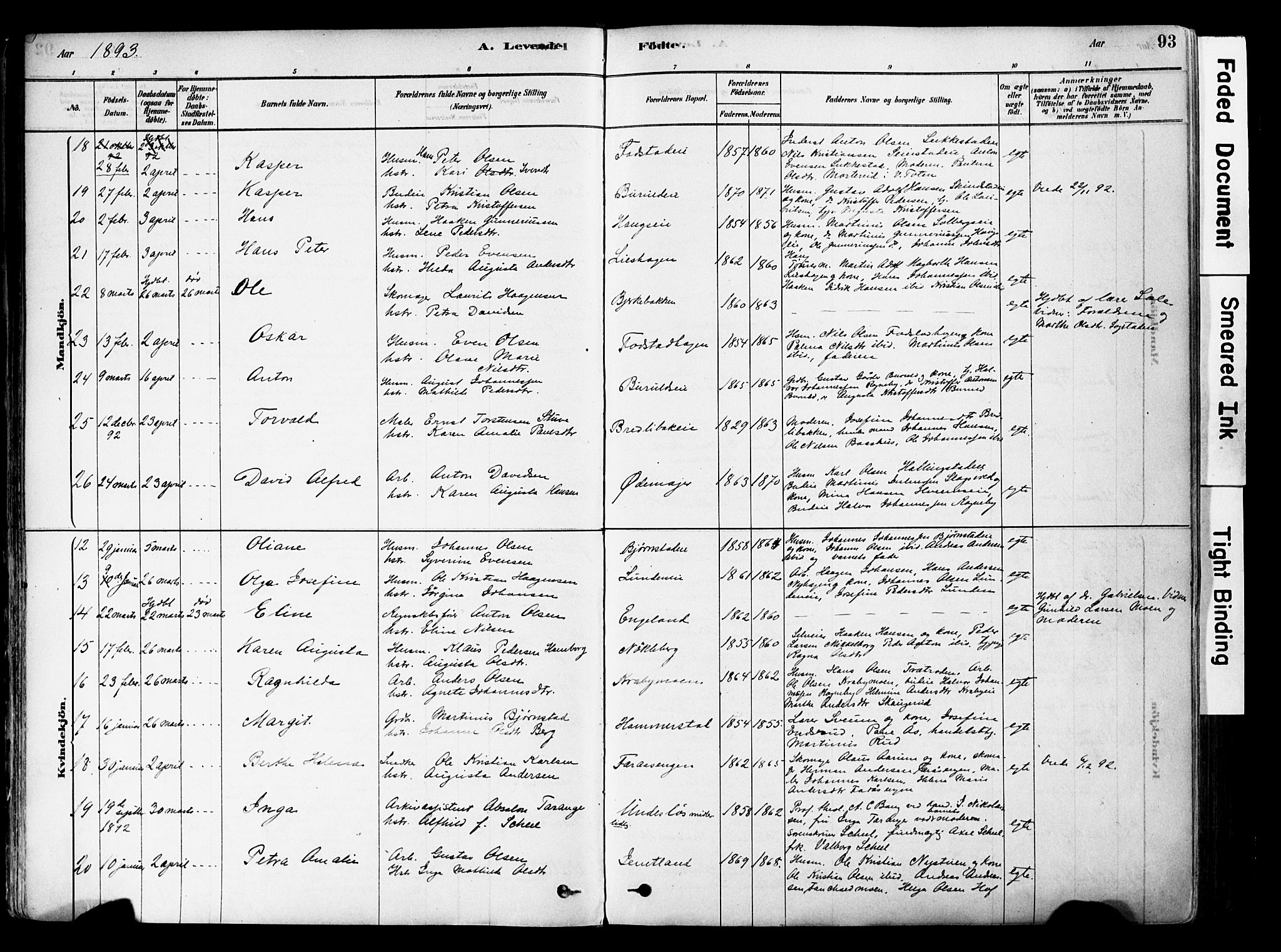 Østre Toten prestekontor, AV/SAH-PREST-104/H/Ha/Haa/L0006: Parish register (official) no. 6 /1, 1878-1896, p. 93