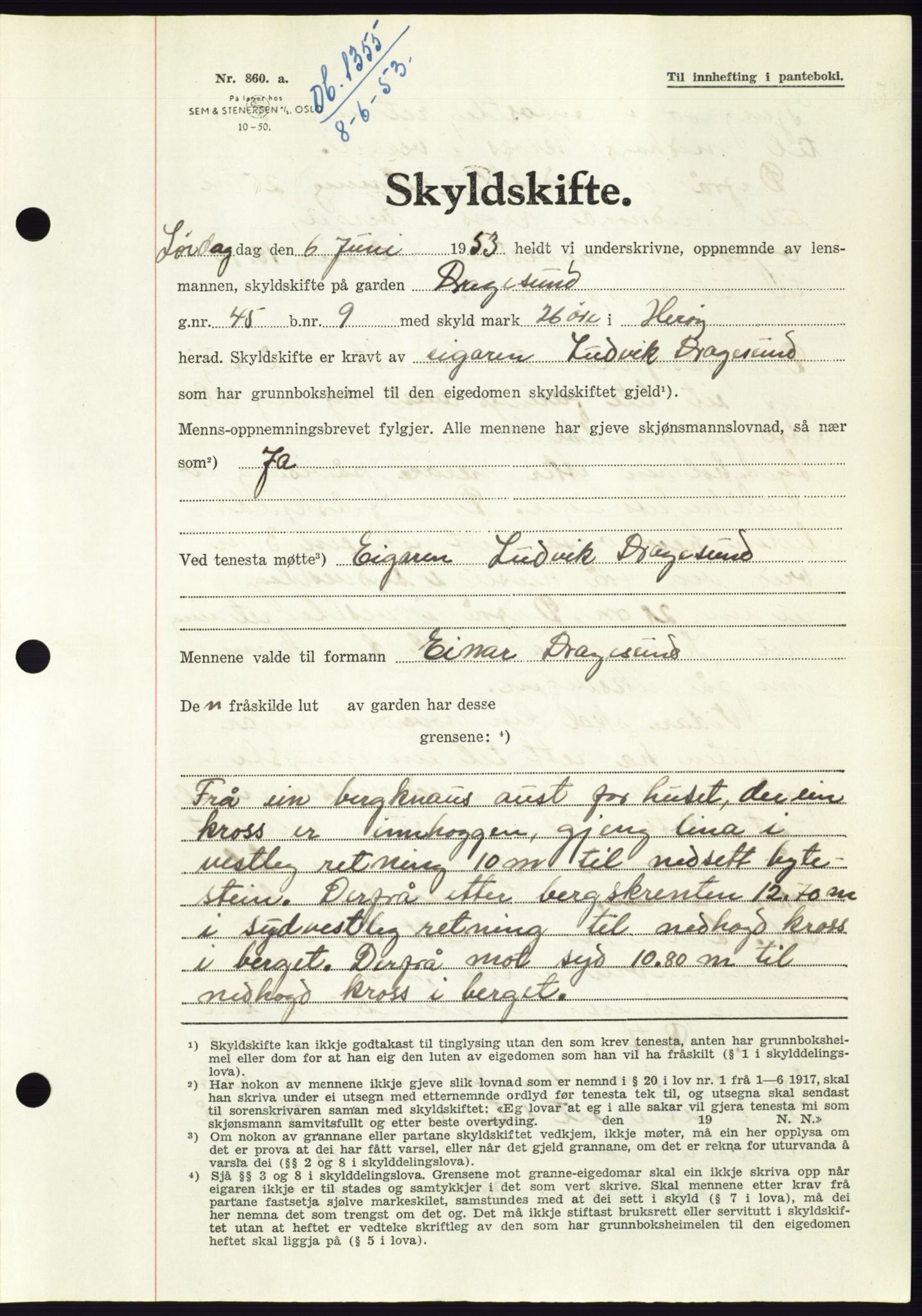 Søre Sunnmøre sorenskriveri, AV/SAT-A-4122/1/2/2C/L0095: Mortgage book no. 21A, 1953-1953, Diary no: : 1355/1953