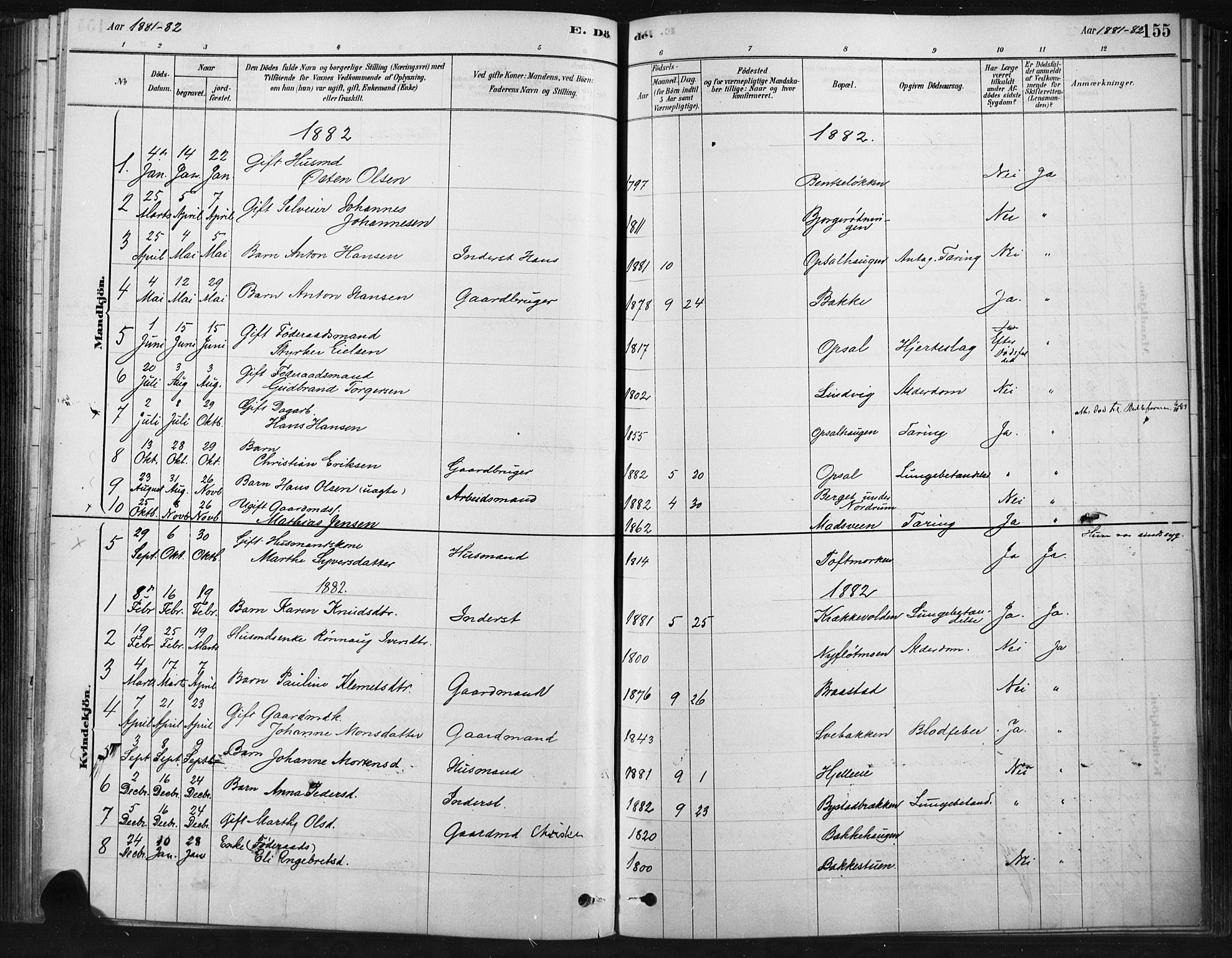 Ringebu prestekontor, SAH/PREST-082/H/Ha/Haa/L0009: Parish register (official) no. 9, 1878-1898, p. 155