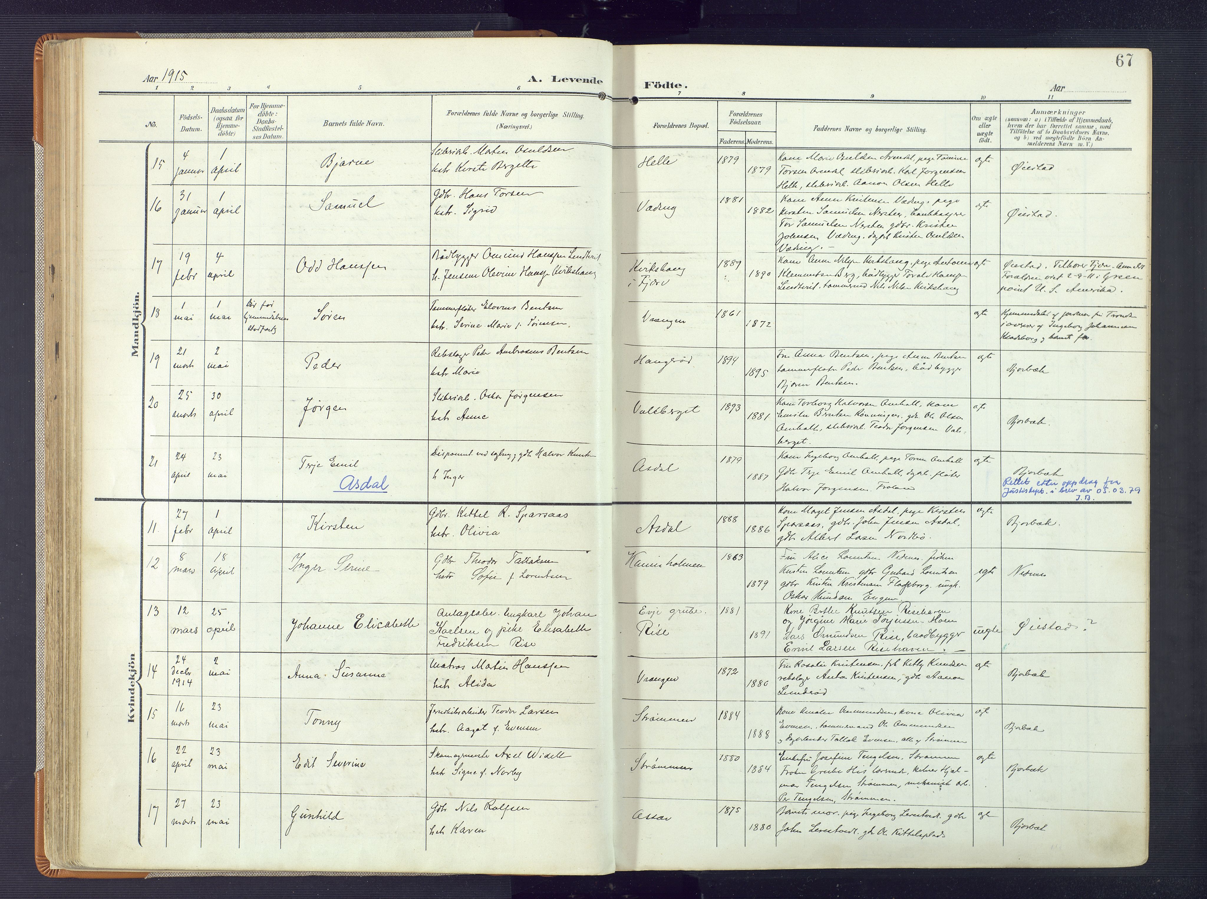 Øyestad sokneprestkontor, AV/SAK-1111-0049/F/Fa/L0019: Parish register (official) no. A 19, 1908-1922, p. 67