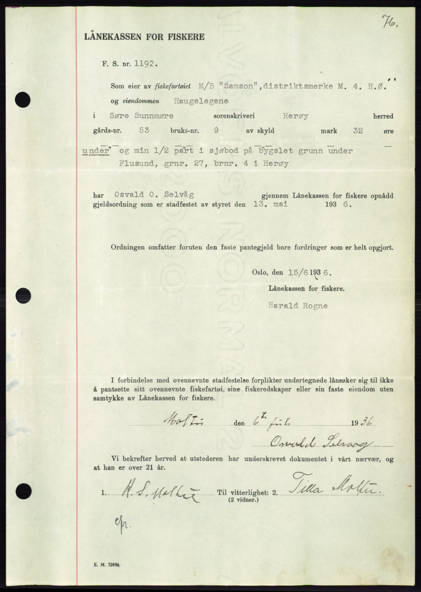 Søre Sunnmøre sorenskriveri, AV/SAT-A-4122/1/2/2C/L0062: Mortgage book no. 56, 1936-1937, Diary no: : 1774/1936