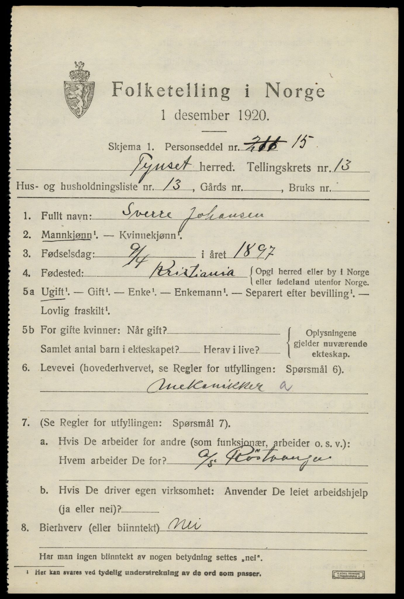 SAH, 1920 census for Tynset, 1920, p. 8920