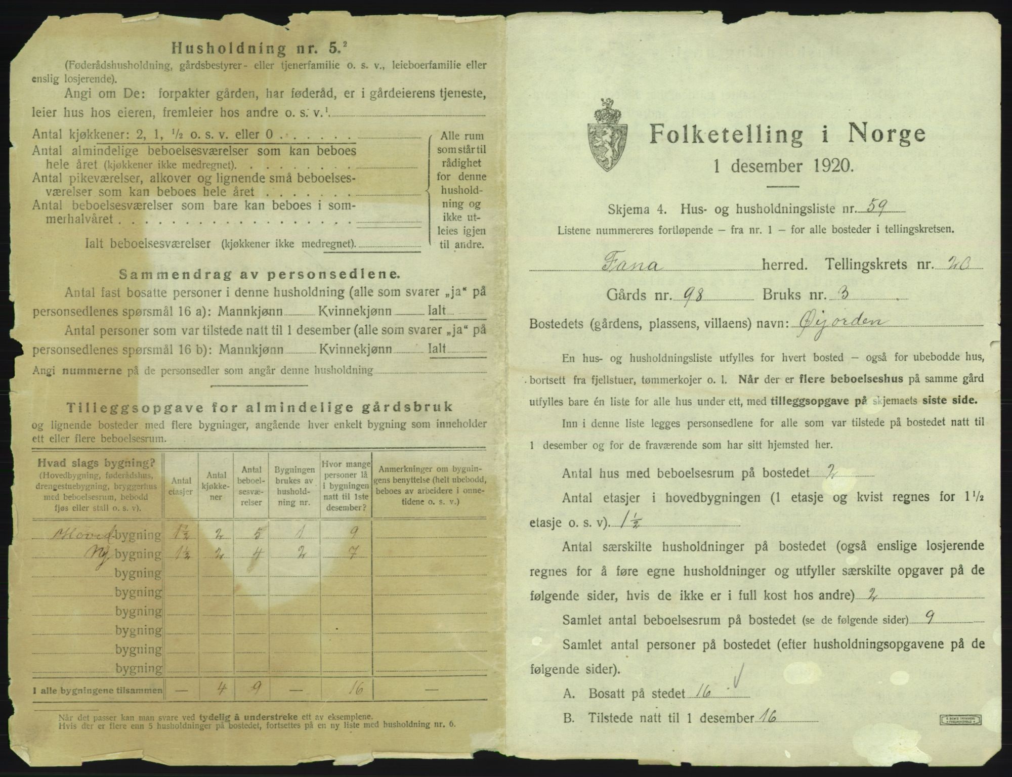 SAB, 1920 census for Fana, 1920, p. 3039