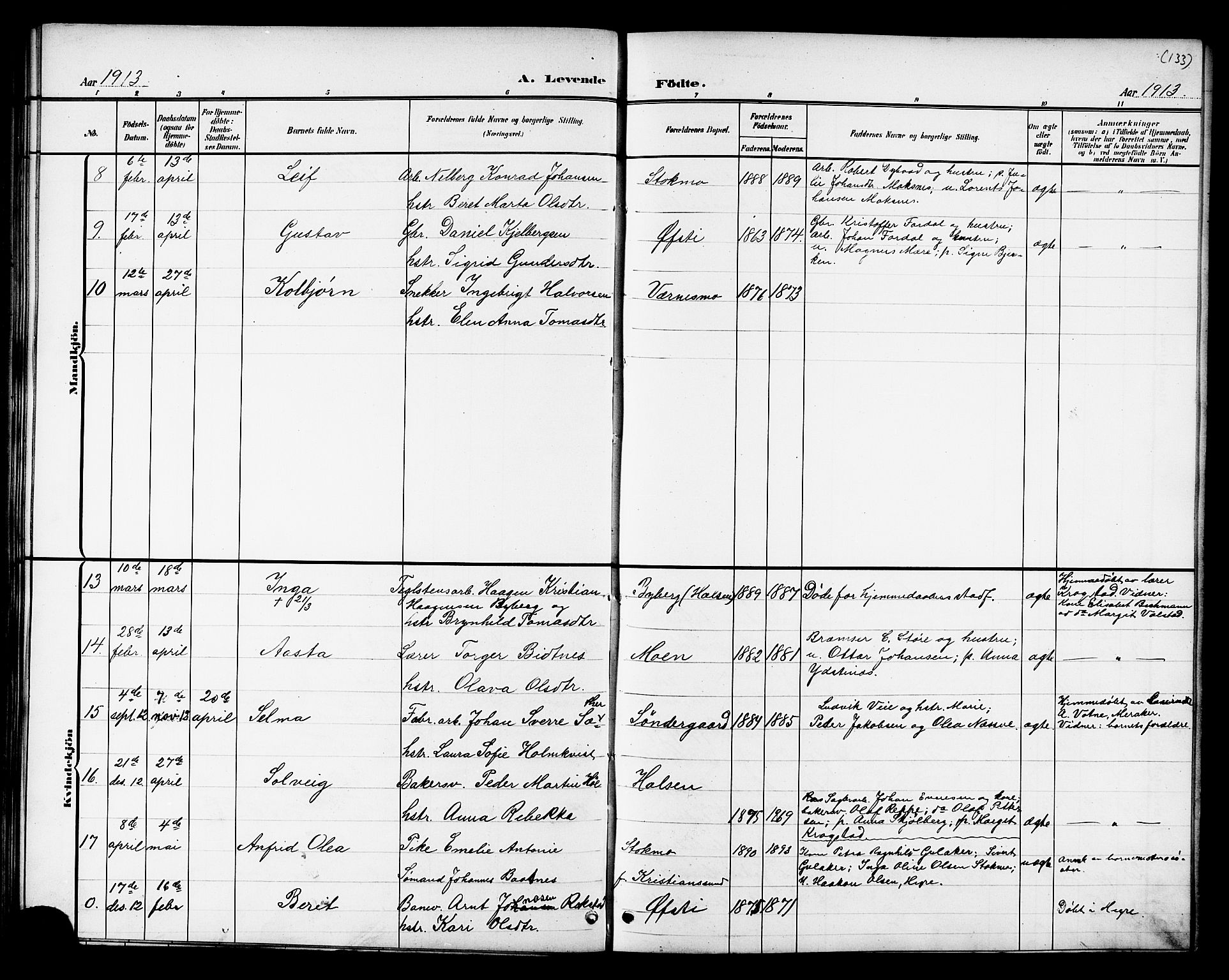 Ministerialprotokoller, klokkerbøker og fødselsregistre - Nord-Trøndelag, AV/SAT-A-1458/709/L0087: Parish register (copy) no. 709C01, 1892-1913, p. 133