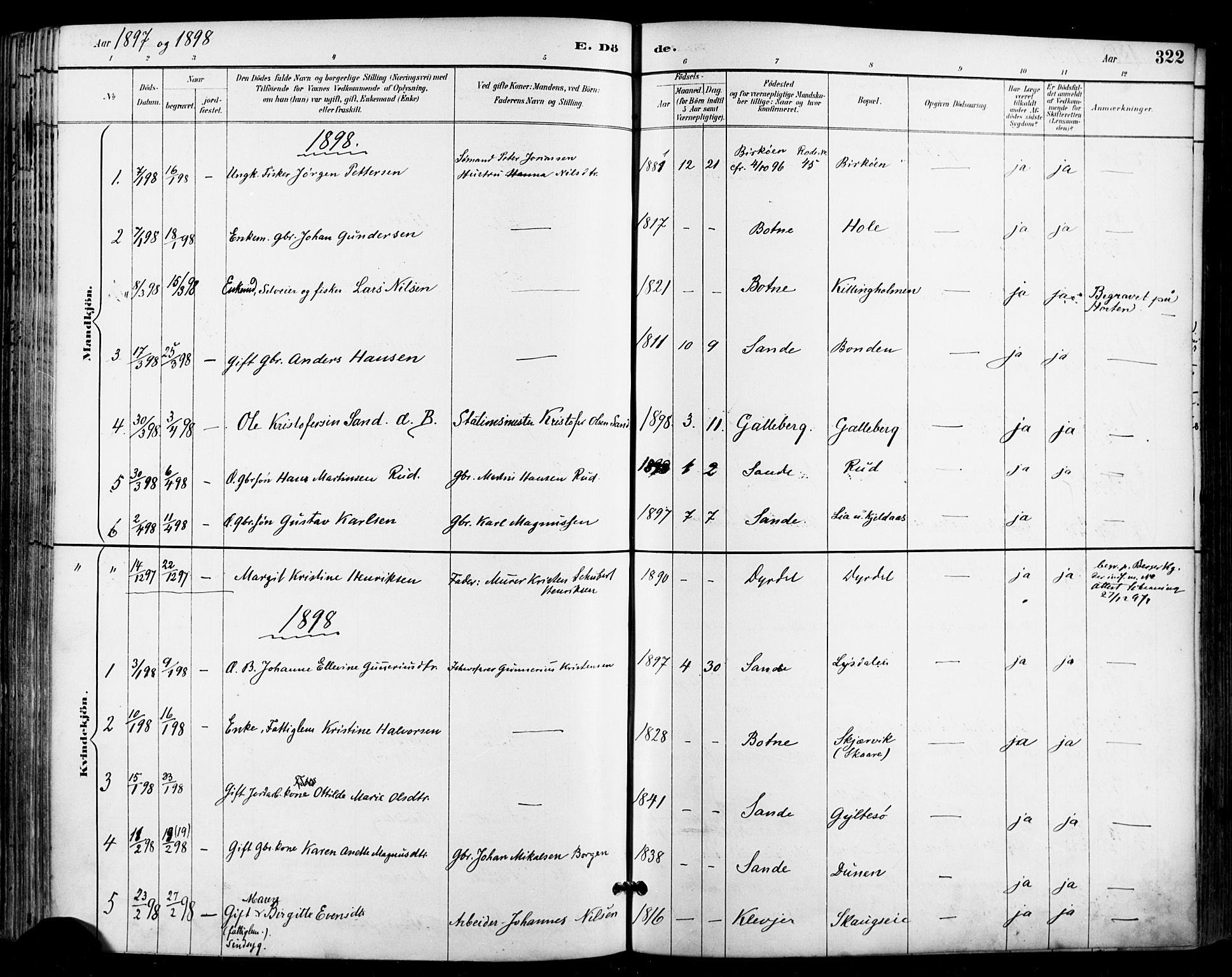 Sande Kirkebøker, AV/SAKO-A-53/F/Fa/L0007: Parish register (official) no. 7, 1888-1903, p. 322