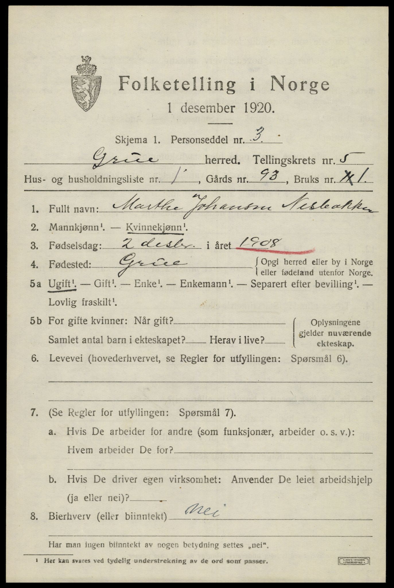 SAH, 1920 census for Grue, 1920, p. 5143