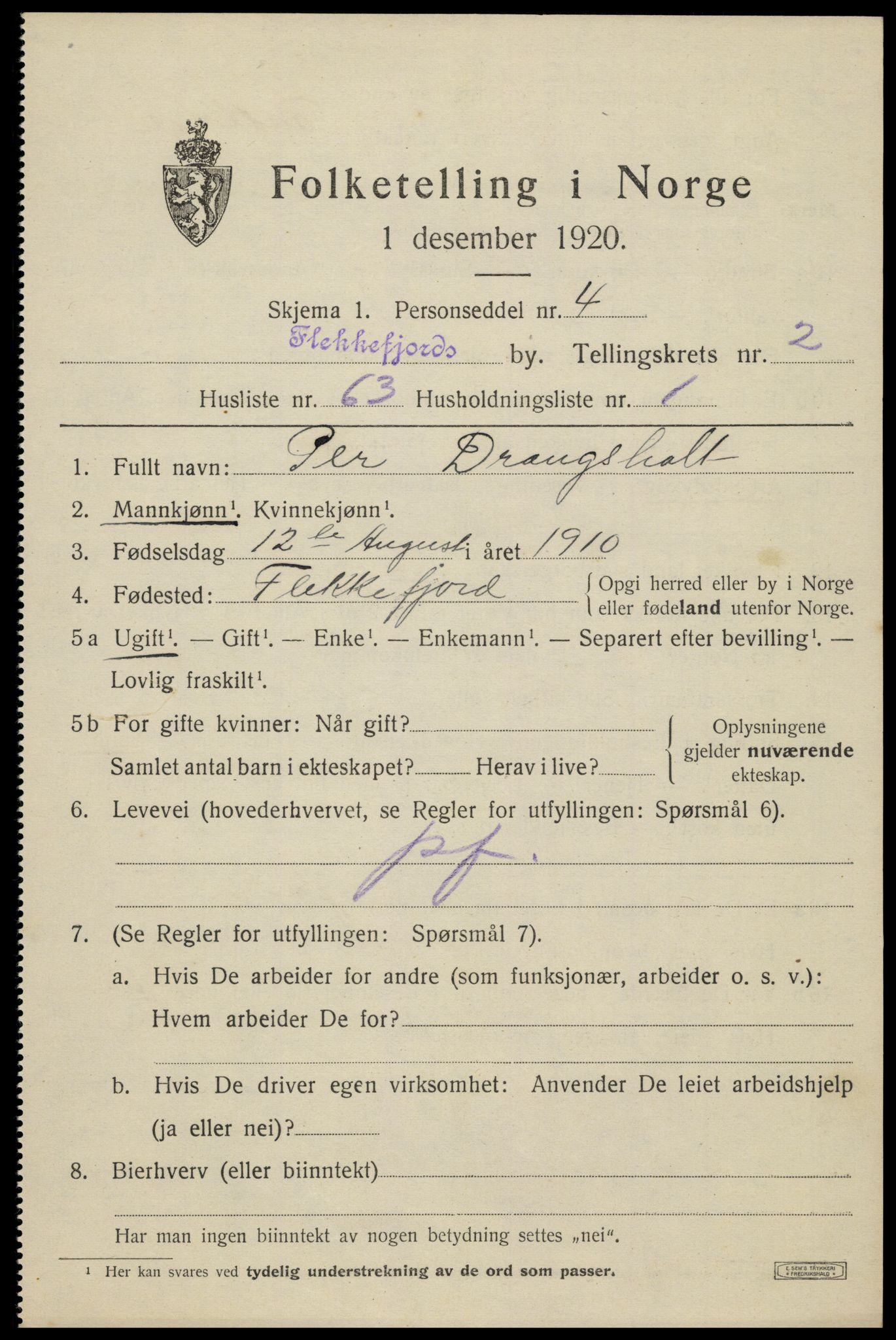 SAK, 1920 census for Flekkefjord, 1920, p. 3244