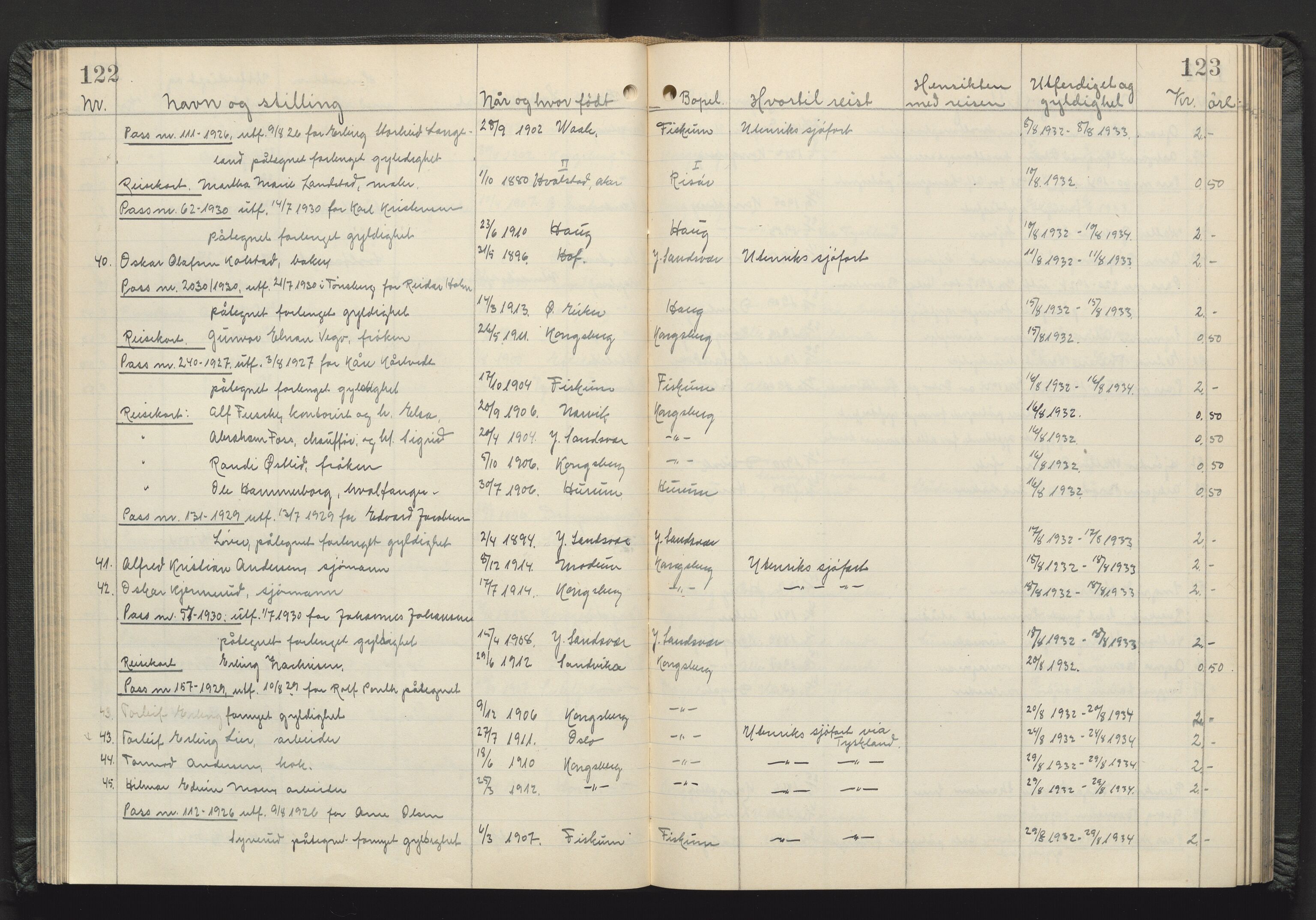 Kongsberg politikammer, AV/SAKO-A-624/I/Ib/Iba/L0004: Passprotokoll, 1927-1946, p. 122-123