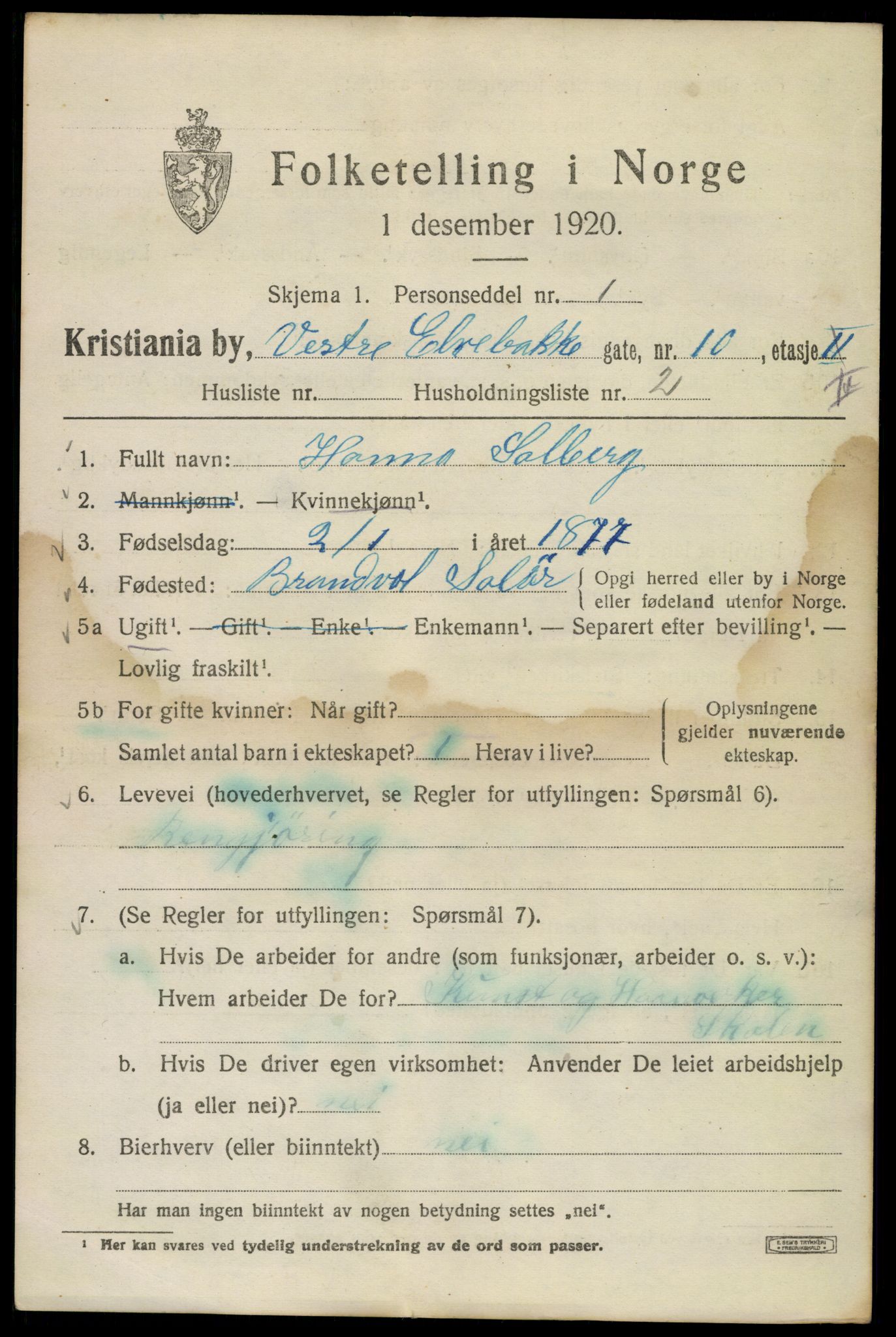 SAO, 1920 census for Kristiania, 1920, p. 631879