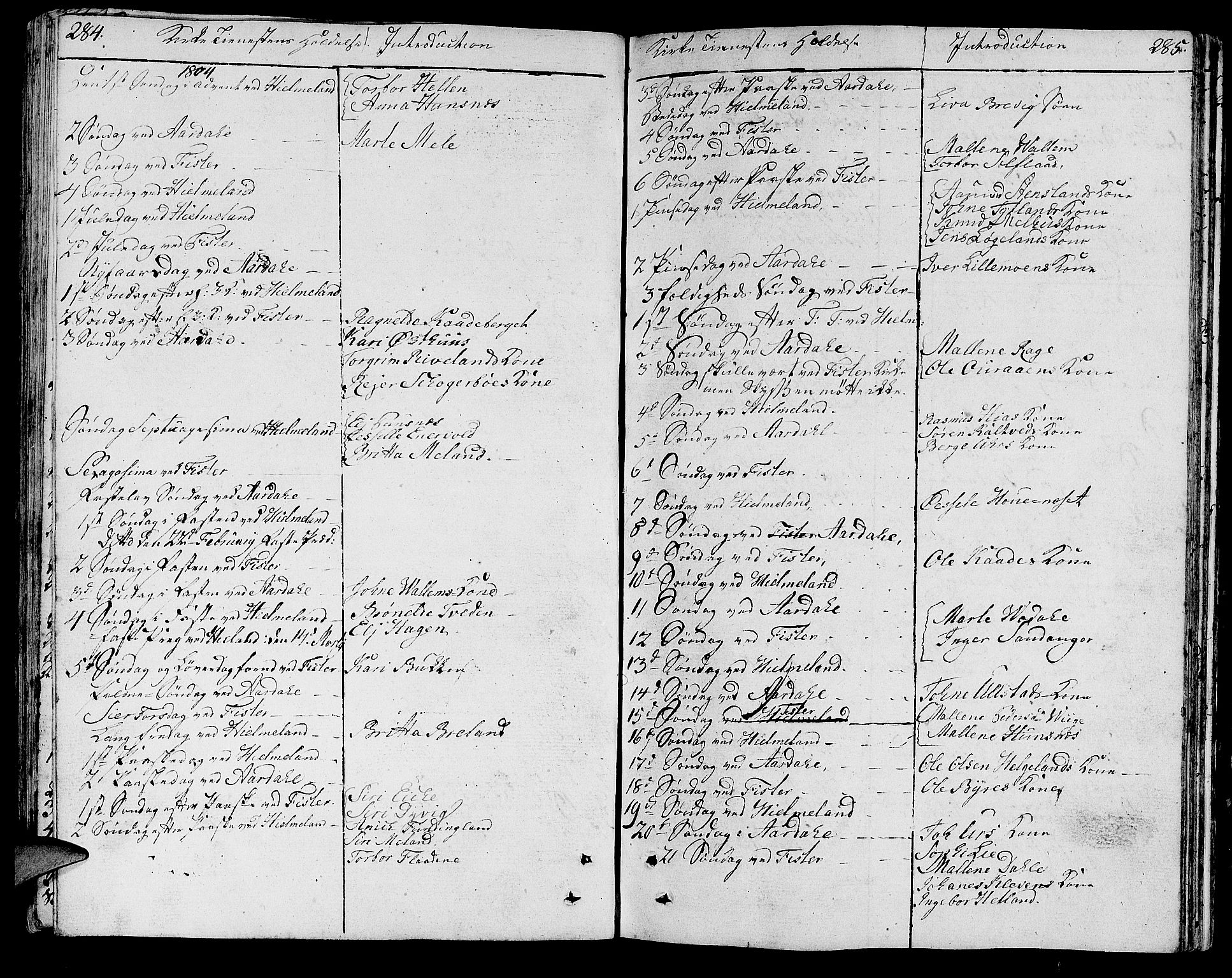 Hjelmeland sokneprestkontor, AV/SAST-A-101843/01/IV/L0002: Parish register (official) no. A 2, 1799-1816, p. 284-285