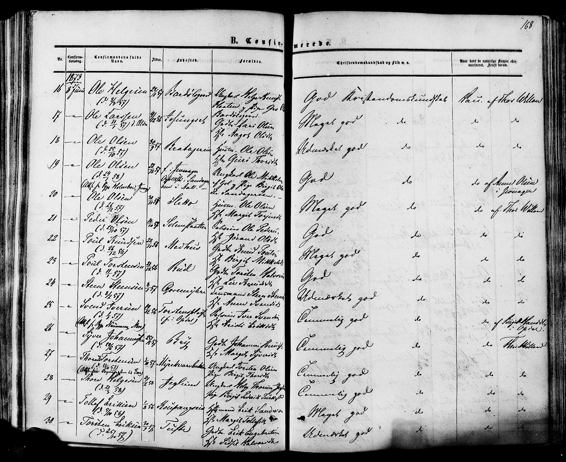 Hol kirkebøker, AV/SAKO-A-227/F/Fa/L0002: Parish register (official) no. I 2, 1870-1886, p. 168