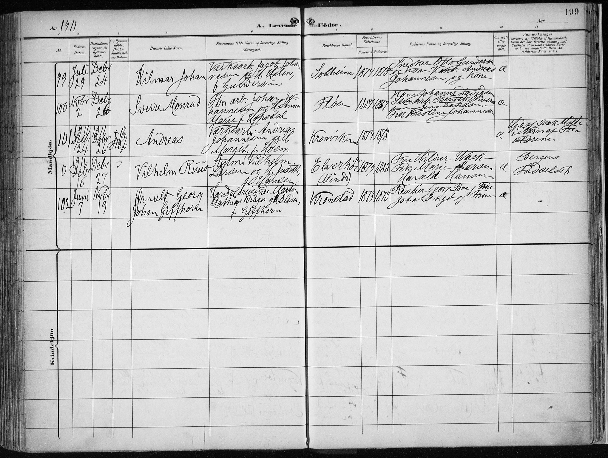 Årstad Sokneprestembete, AV/SAB-A-79301/H/Haa/L0002: Parish register (official) no. A 2, 1899-1914, p. 199