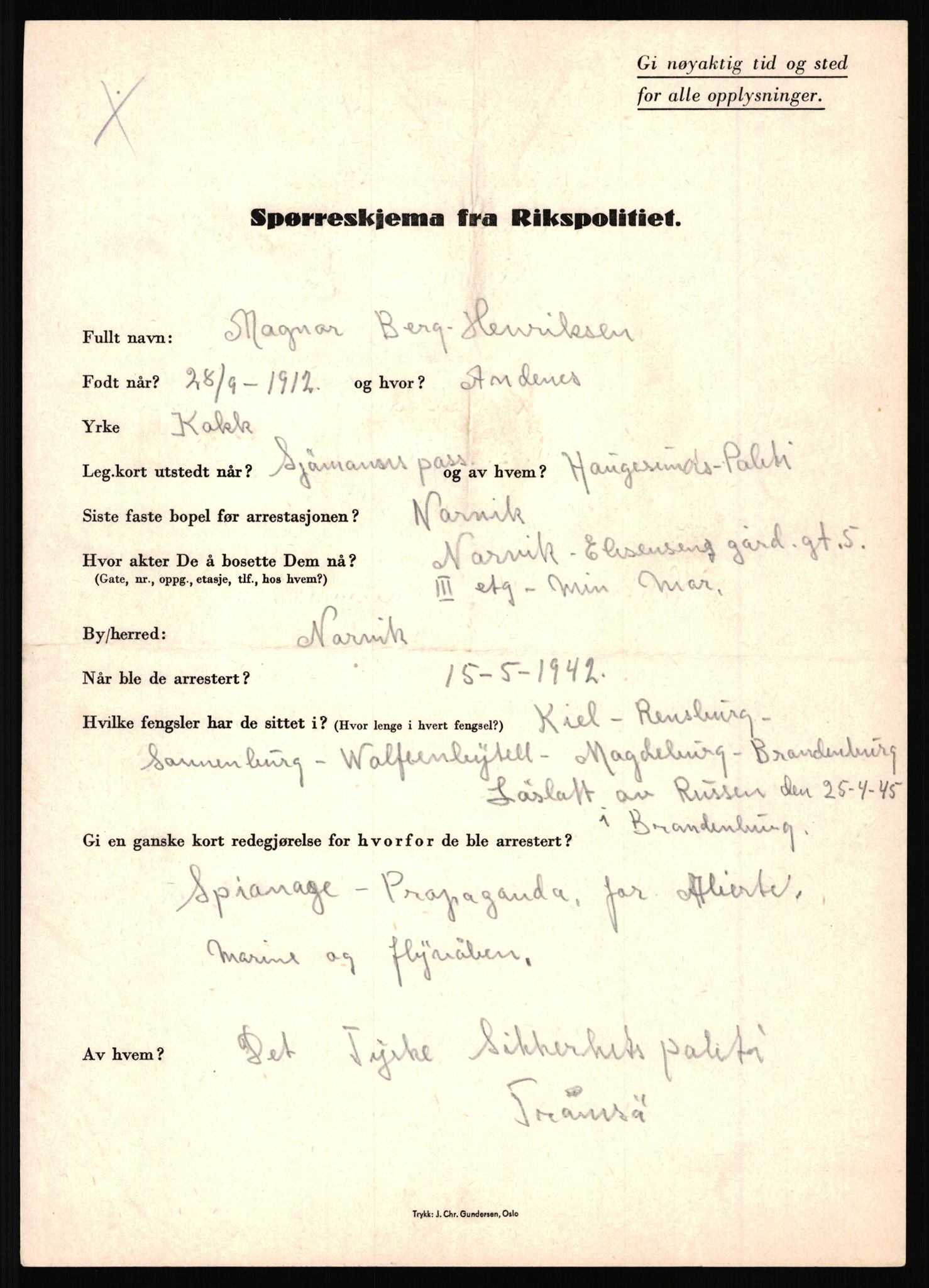 Rikspolitisjefen, AV/RA-S-1560/L/L0007: Heen, Erik C. - Iversen, Trygve, 1940-1945, p. 87