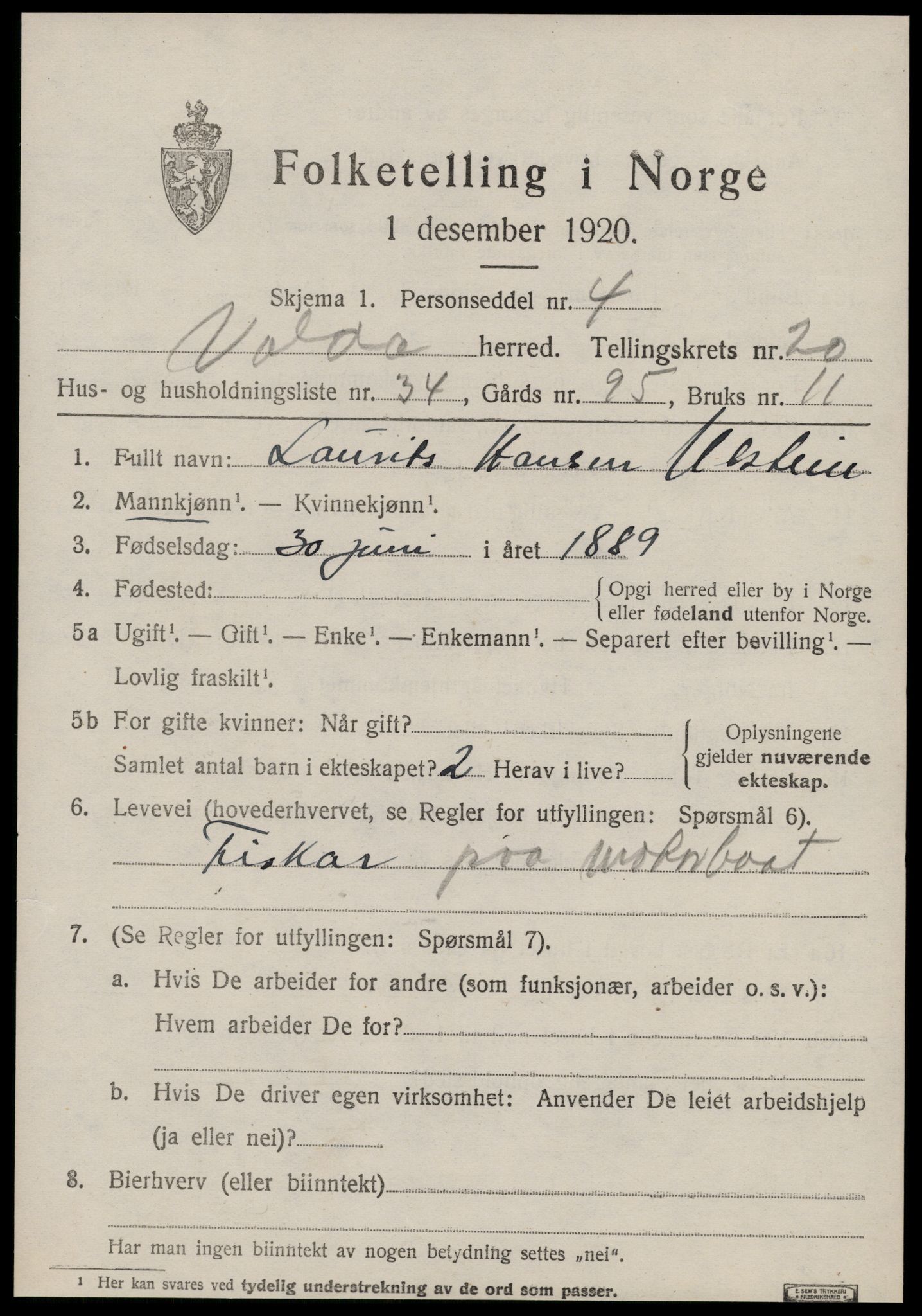 SAT, 1920 census for Volda, 1920, p. 10924