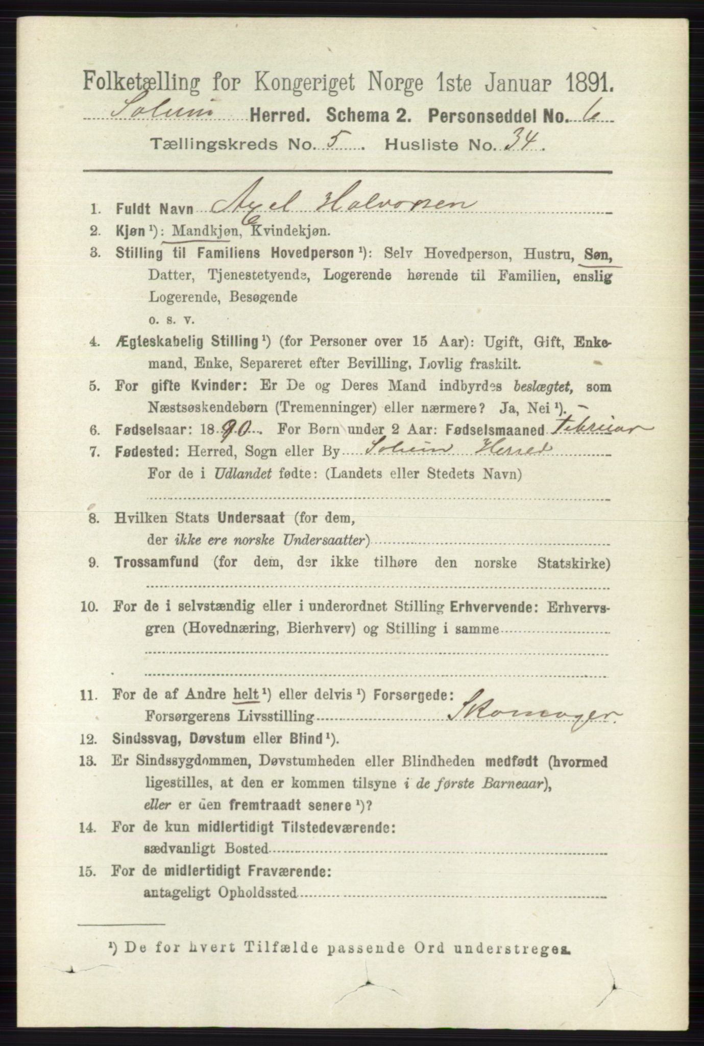 RA, 1891 census for 0818 Solum, 1891, p. 1047