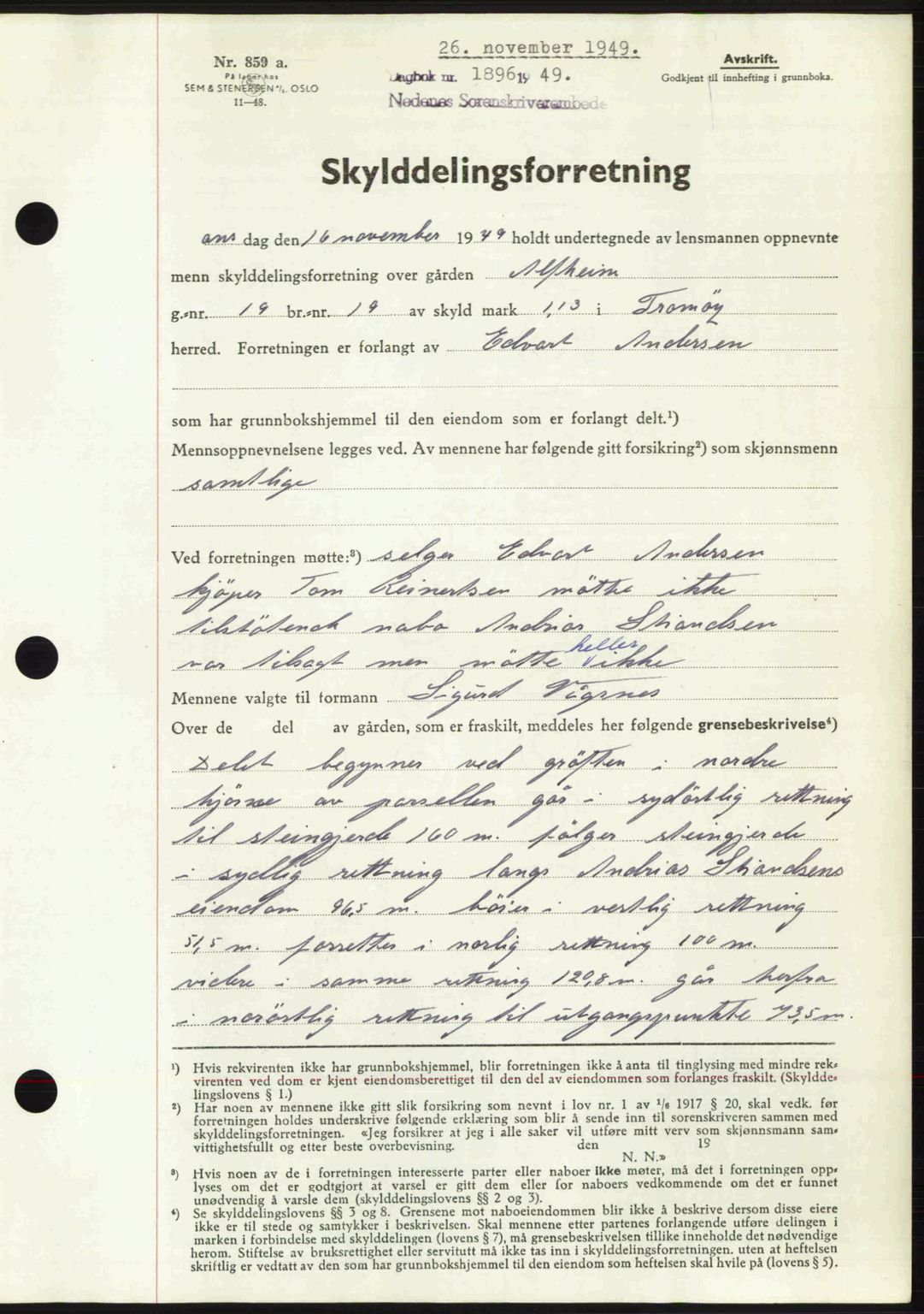 Nedenes sorenskriveri, AV/SAK-1221-0006/G/Gb/Gba/L0061: Mortgage book no. A13, 1949-1949, Diary no: : 1896/1949