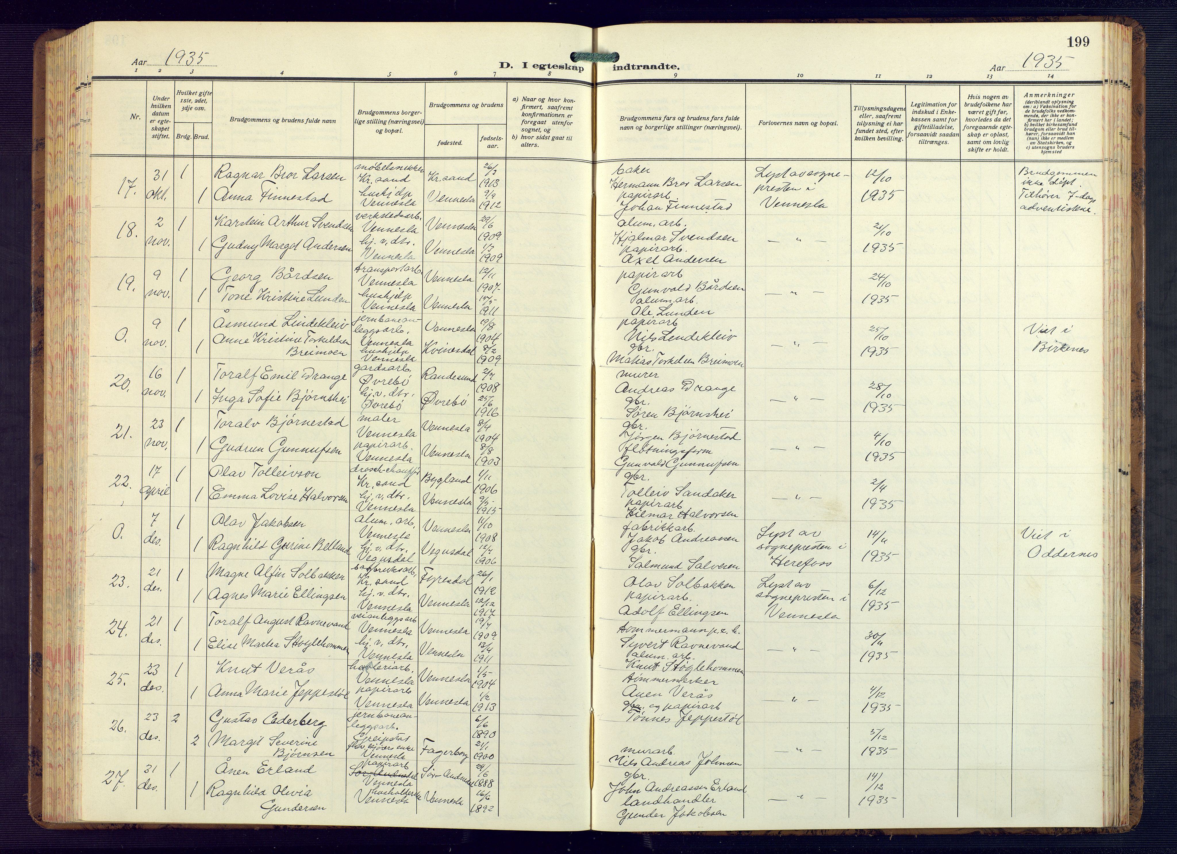 Vennesla sokneprestkontor, AV/SAK-1111-0045/Fb/Fbb/L0008: Parish register (copy) no. B 8, 1934-1947, p. 199