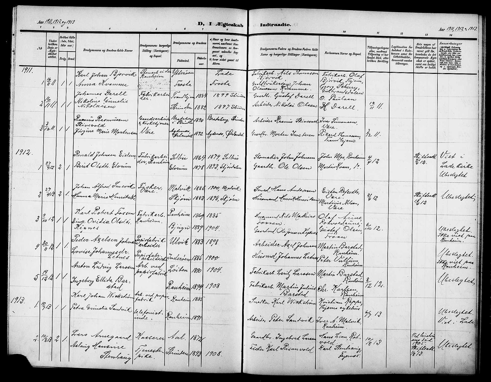 Ministerialprotokoller, klokkerbøker og fødselsregistre - Sør-Trøndelag, AV/SAT-A-1456/615/L0400: Parish register (copy) no. 615C01, 1905-1921