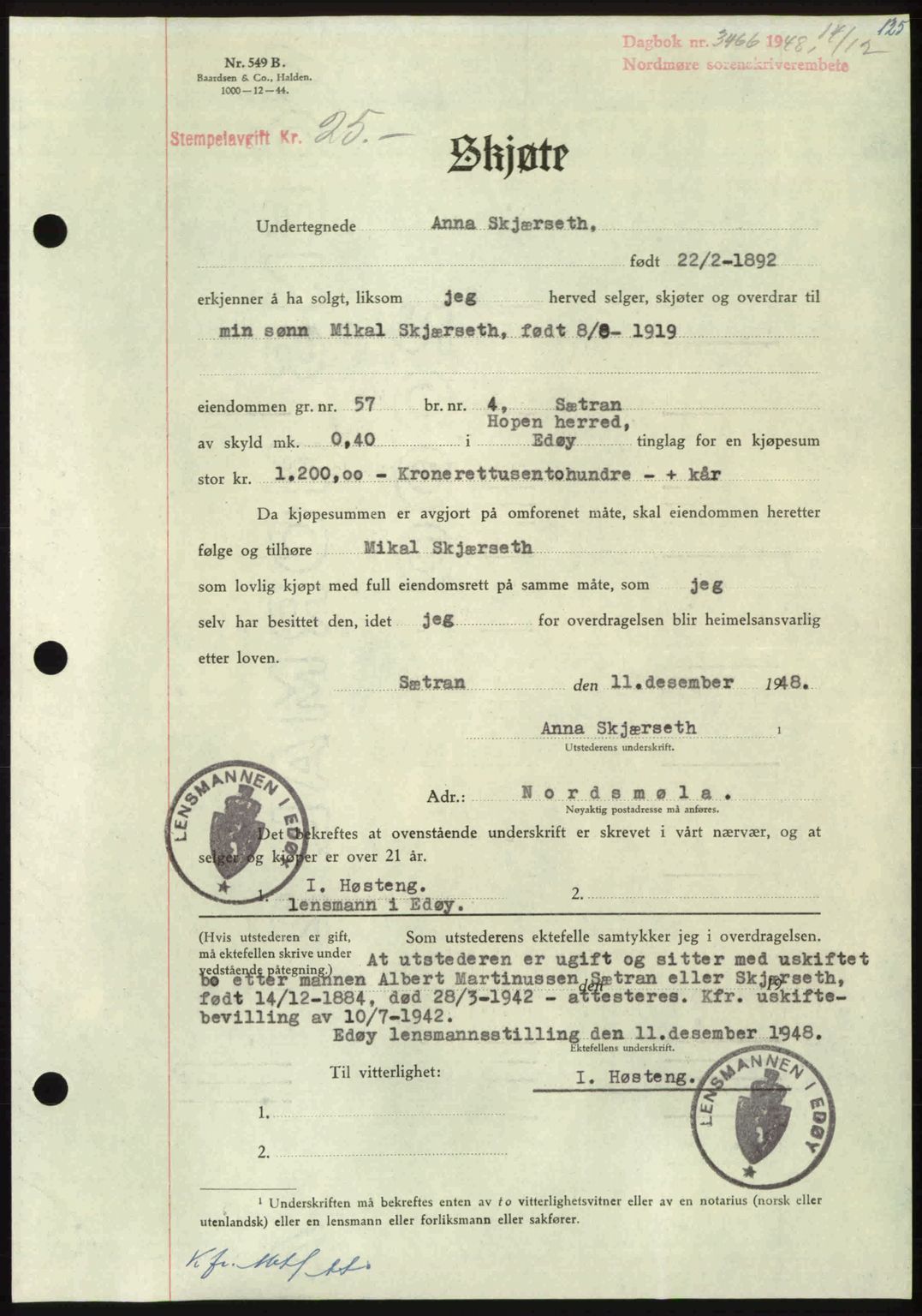 Nordmøre sorenskriveri, AV/SAT-A-4132/1/2/2Ca: Mortgage book no. A110, 1948-1949, Diary no: : 3466/1948