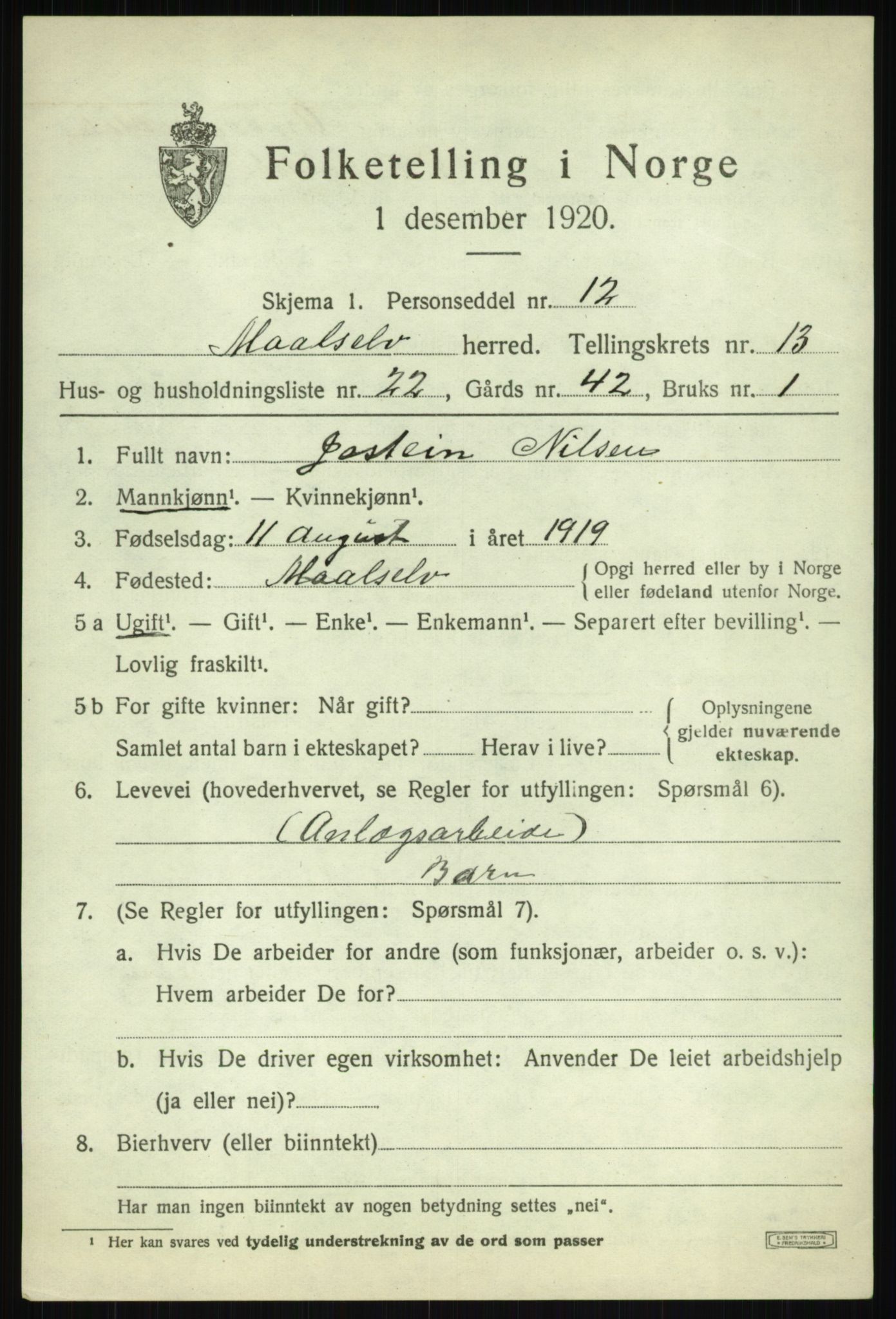 SATØ, 1920 census for Målselv, 1920, p. 7001