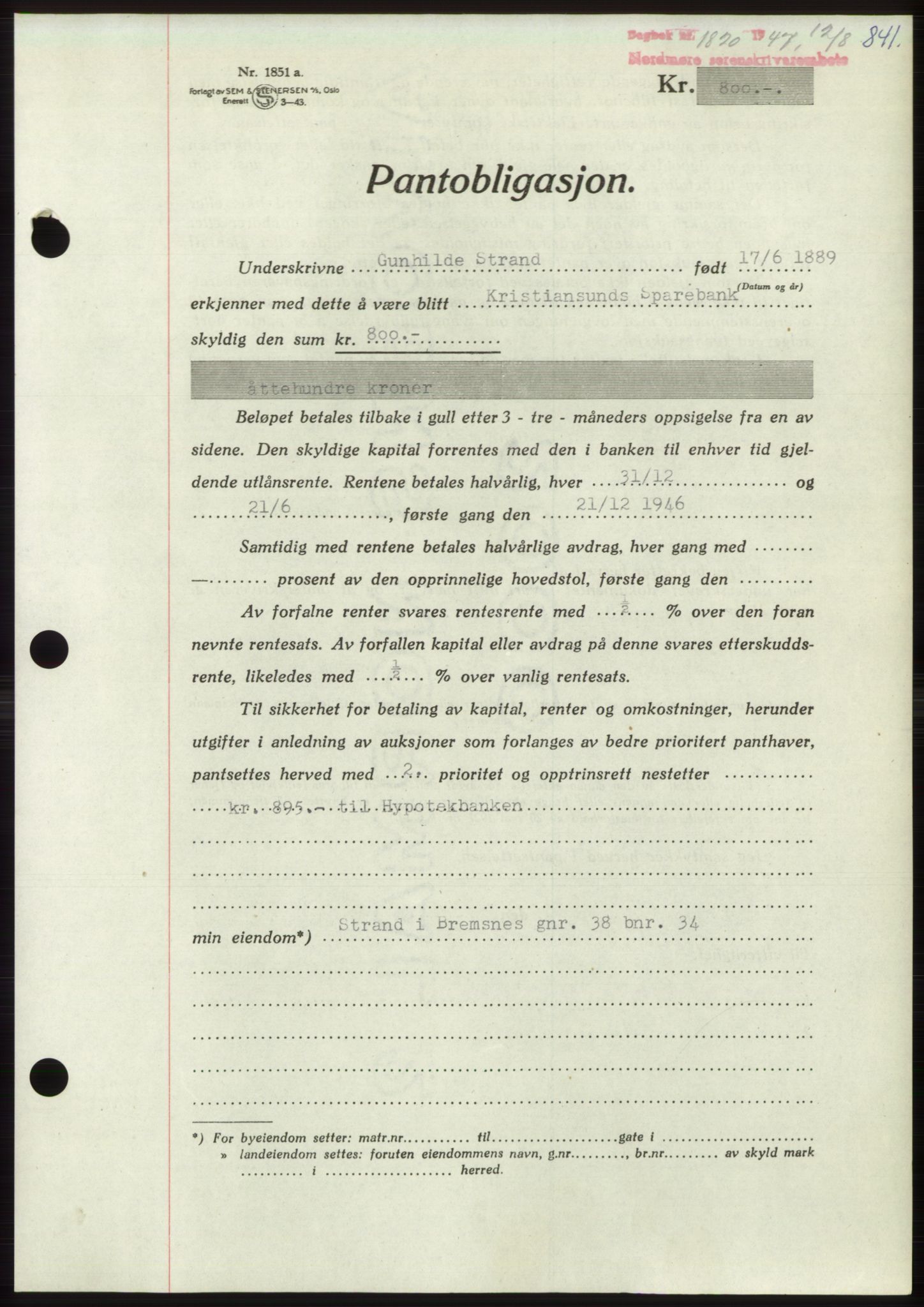 Nordmøre sorenskriveri, AV/SAT-A-4132/1/2/2Ca: Mortgage book no. B96, 1947-1947, Diary no: : 1820/1947