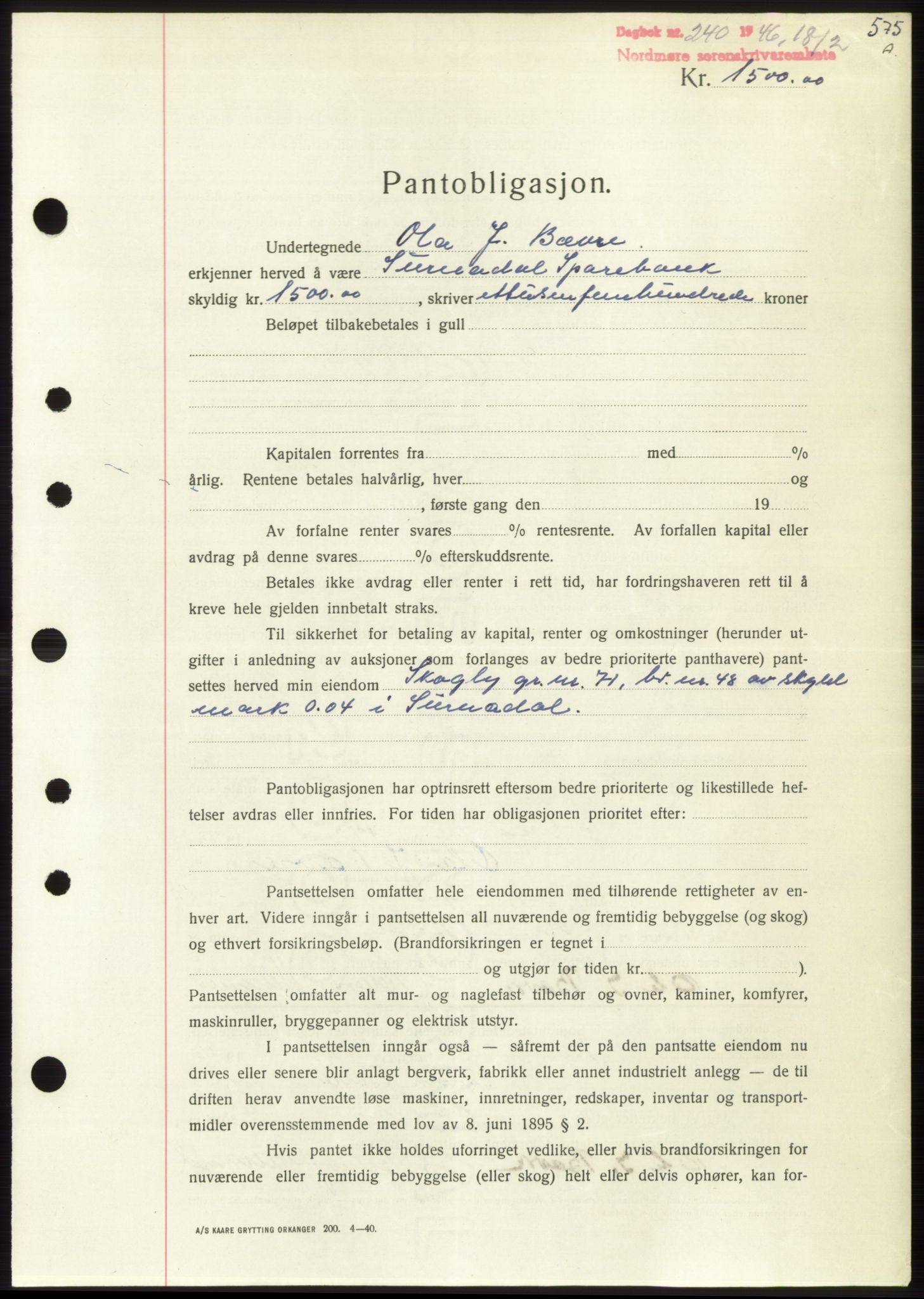 Nordmøre sorenskriveri, AV/SAT-A-4132/1/2/2Ca: Mortgage book no. B93b, 1946-1946, Diary no: : 240/1946