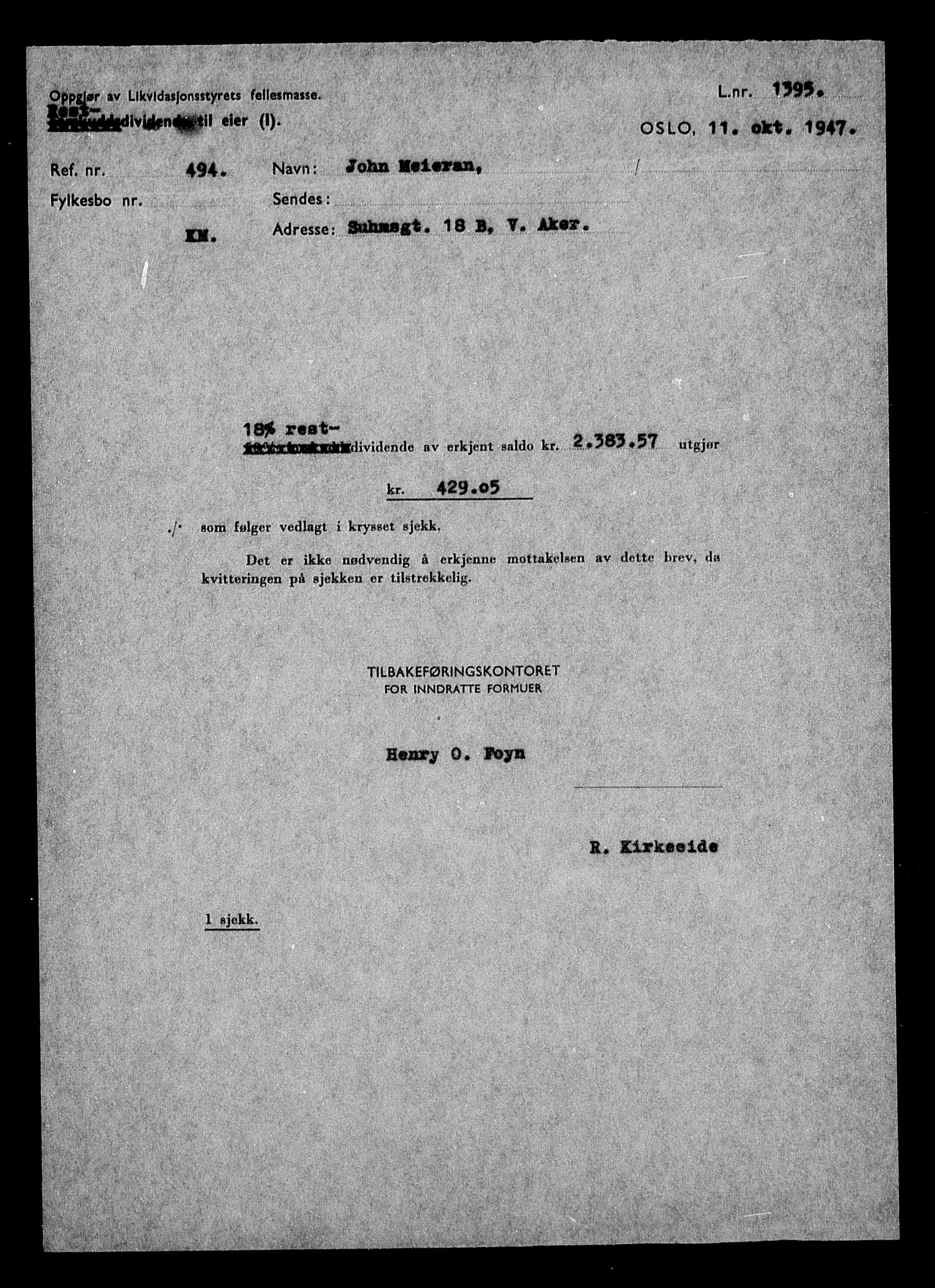 Justisdepartementet, Tilbakeføringskontoret for inndratte formuer, AV/RA-S-1564/H/Hc/Hcc/L0963: --, 1945-1947, p. 8