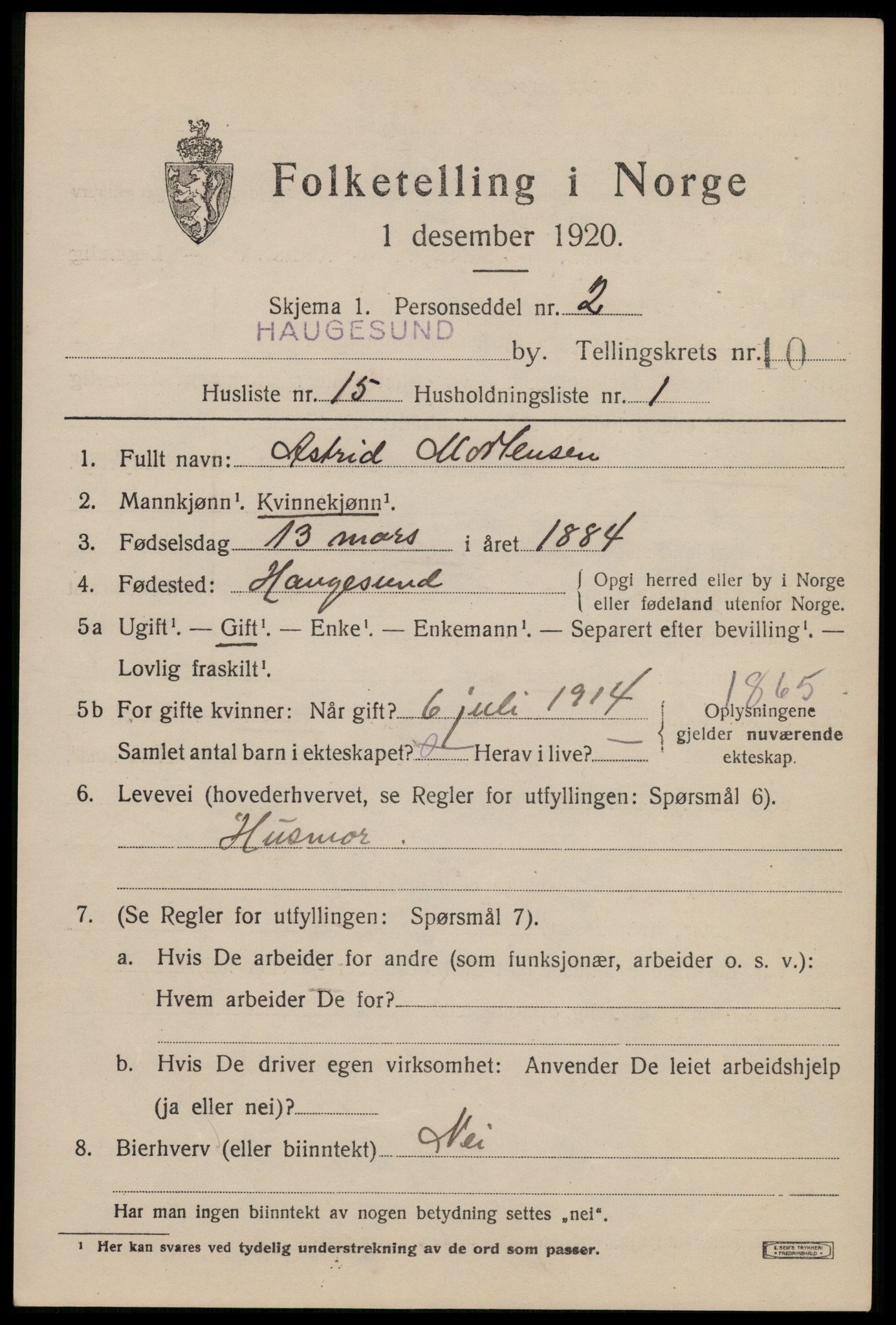 SAST, 1920 census for Haugesund, 1920, p. 33903