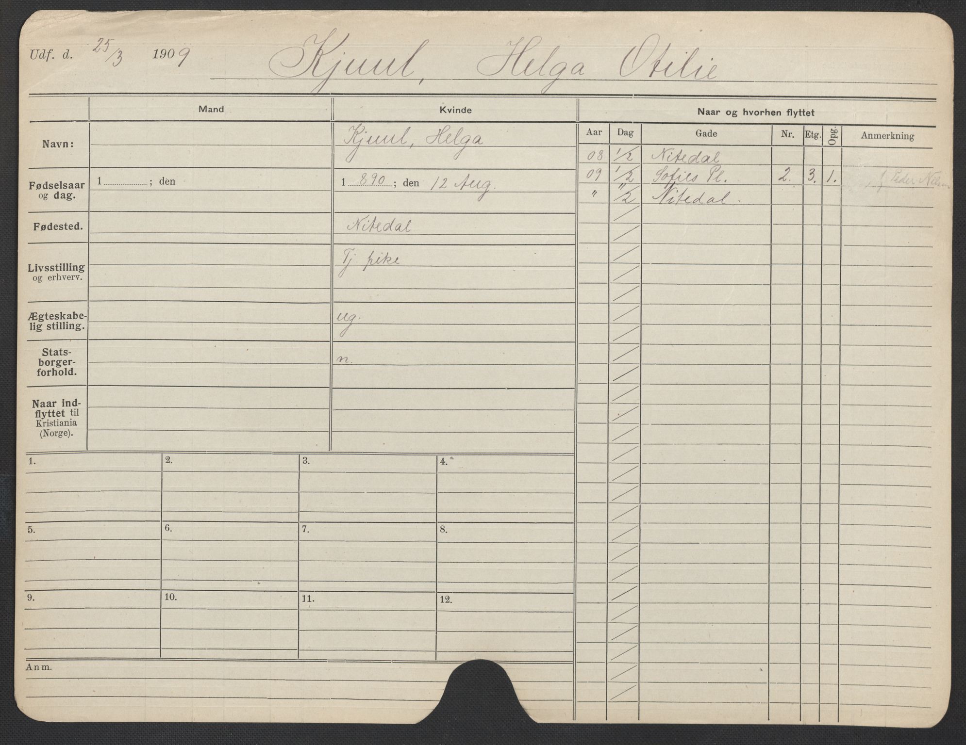 Oslo folkeregister, Registerkort, SAO/A-11715/F/Fa/Fac/L0018: Kvinner, 1906-1914, p. 1078a