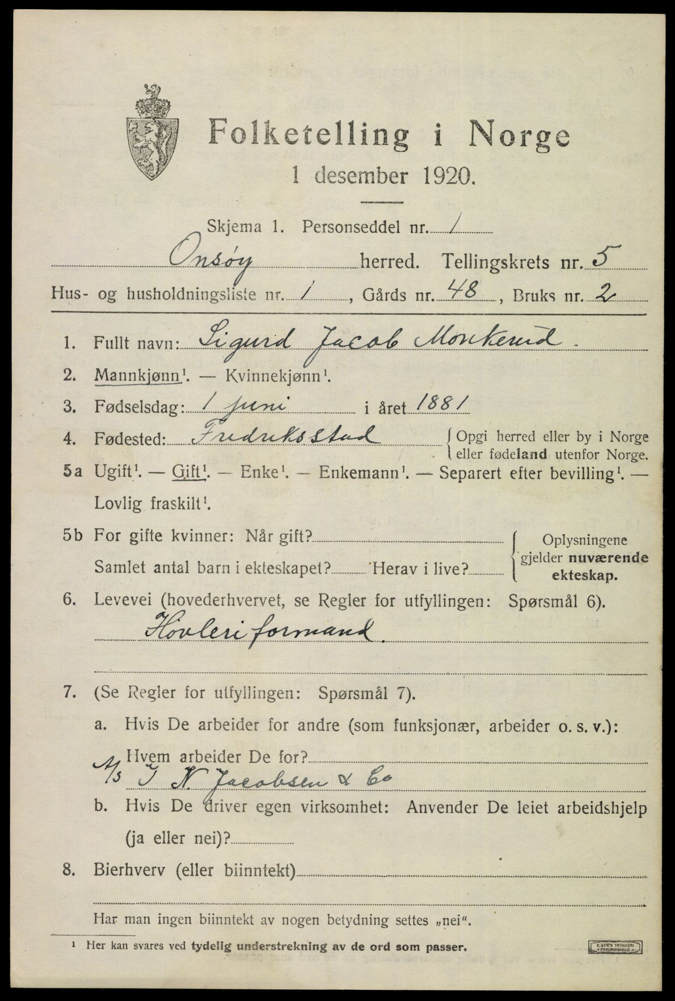 SAO, 1920 census for Onsøy, 1920, p. 6416