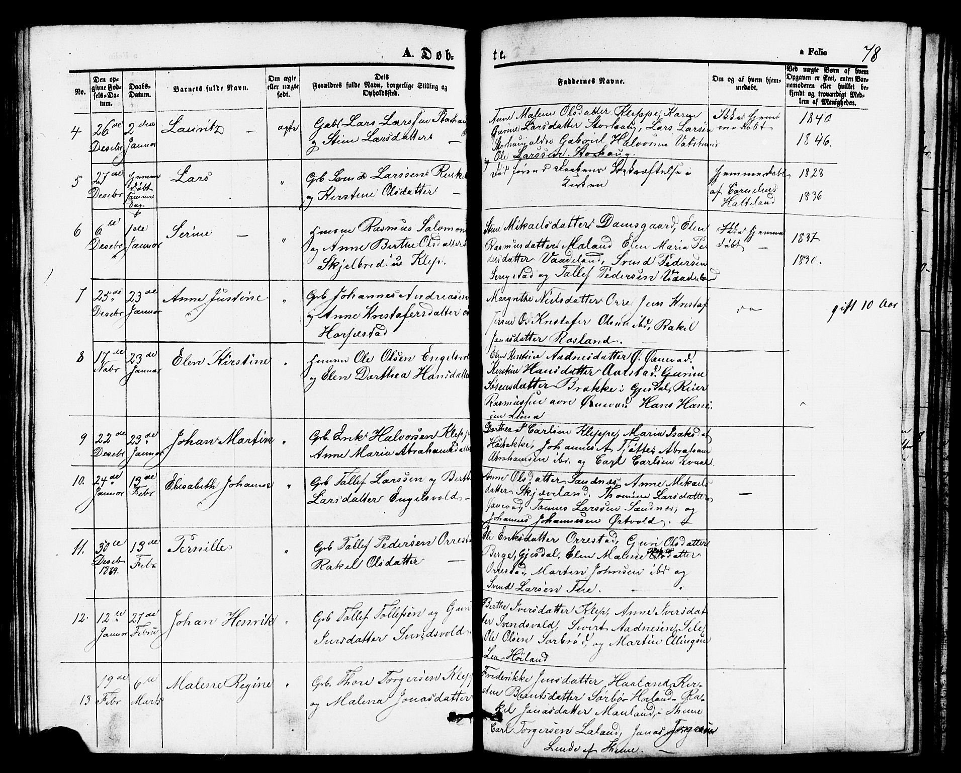 Klepp sokneprestkontor, AV/SAST-A-101803/001/3/30BB/L0002: Parish register (copy) no. B 2, 1860-1875, p. 78
