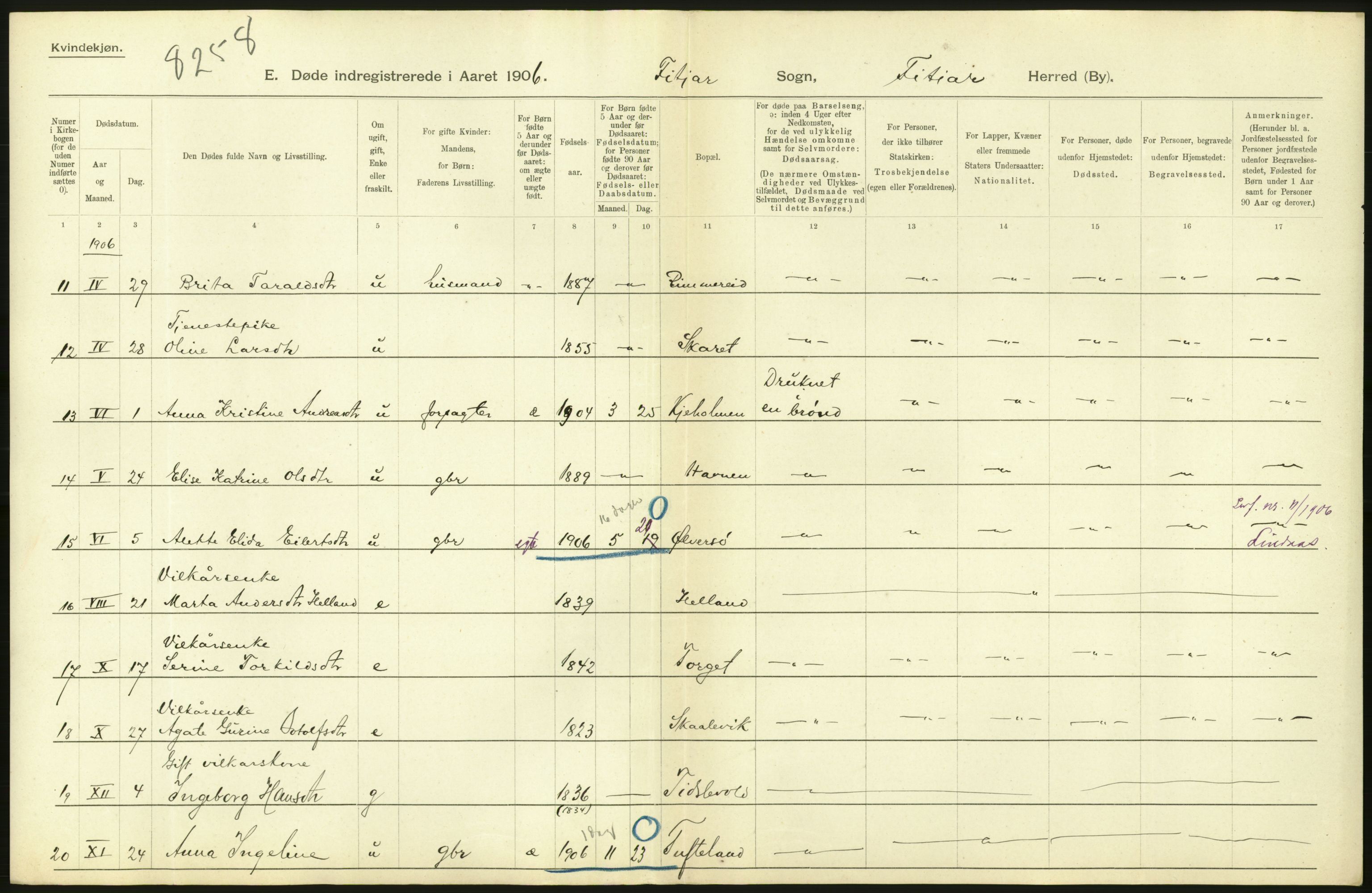 Statistisk sentralbyrå, Sosiodemografiske emner, Befolkning, AV/RA-S-2228/D/Df/Dfa/Dfad/L0030: S. Bergenhus amt: Døde. Bygder., 1906, p. 10