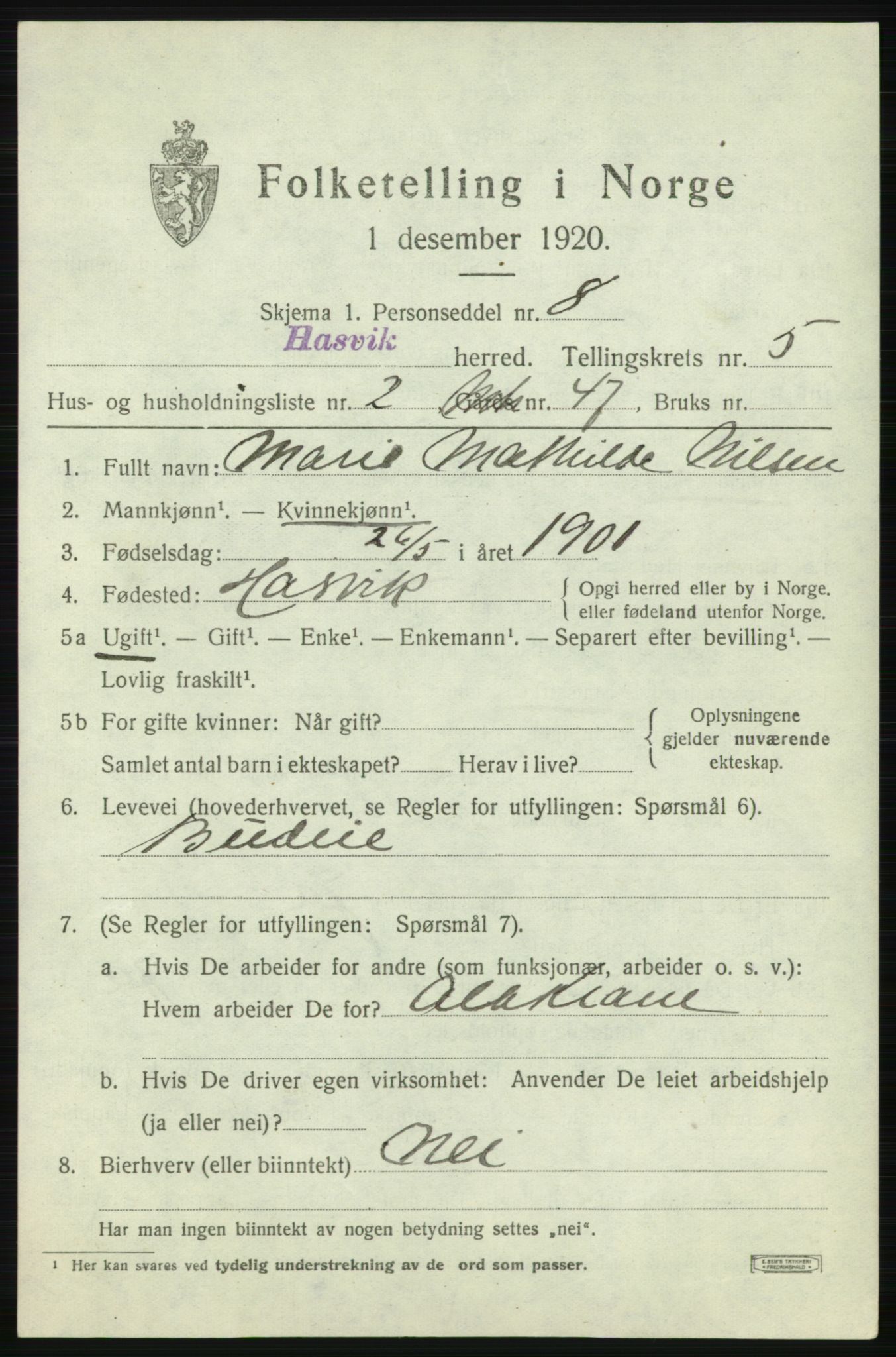 SATØ, 1920 census for Hasvik, 1920, p. 2339