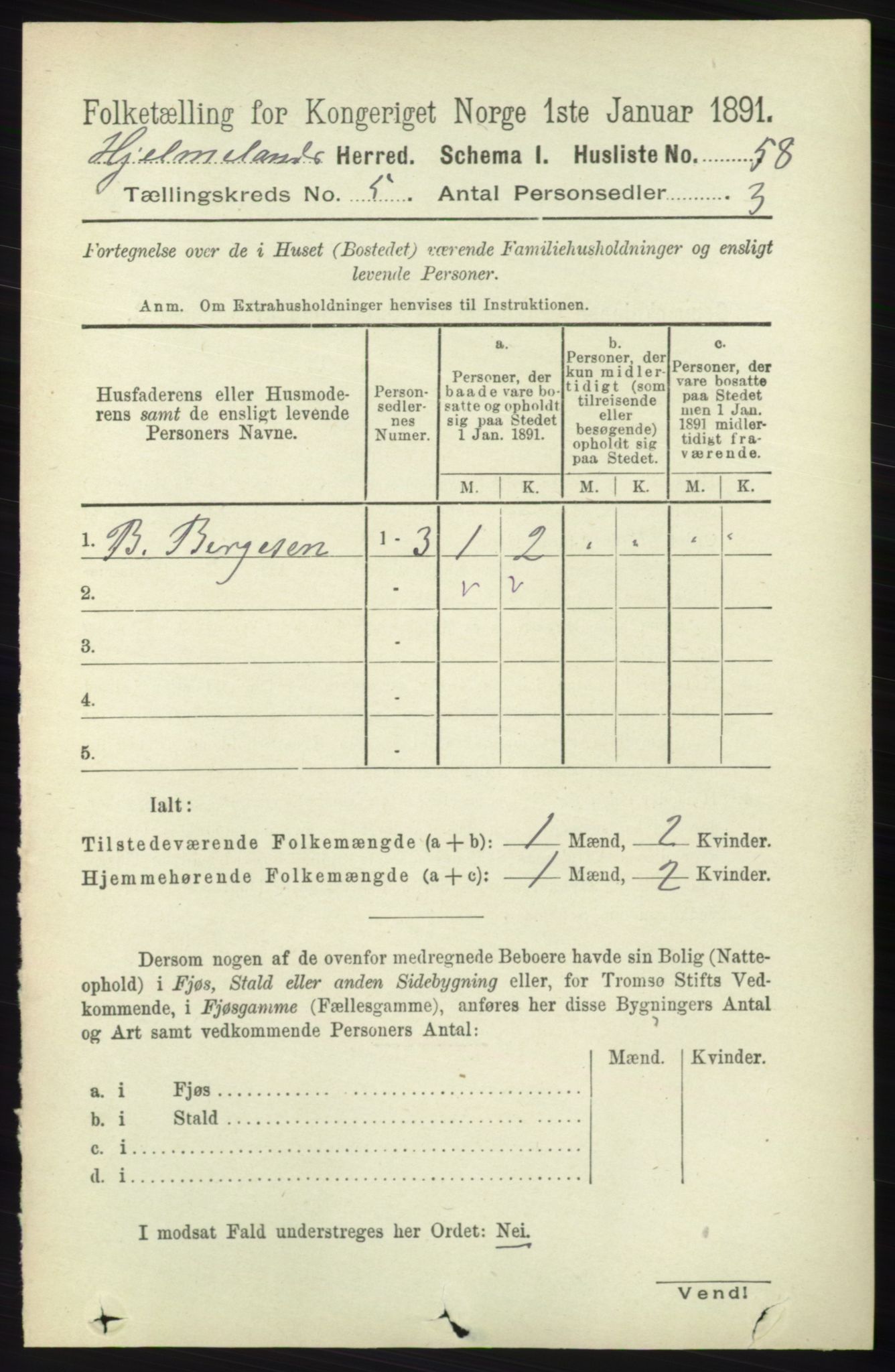 RA, 1891 census for 1133 Hjelmeland, 1891, p. 1147