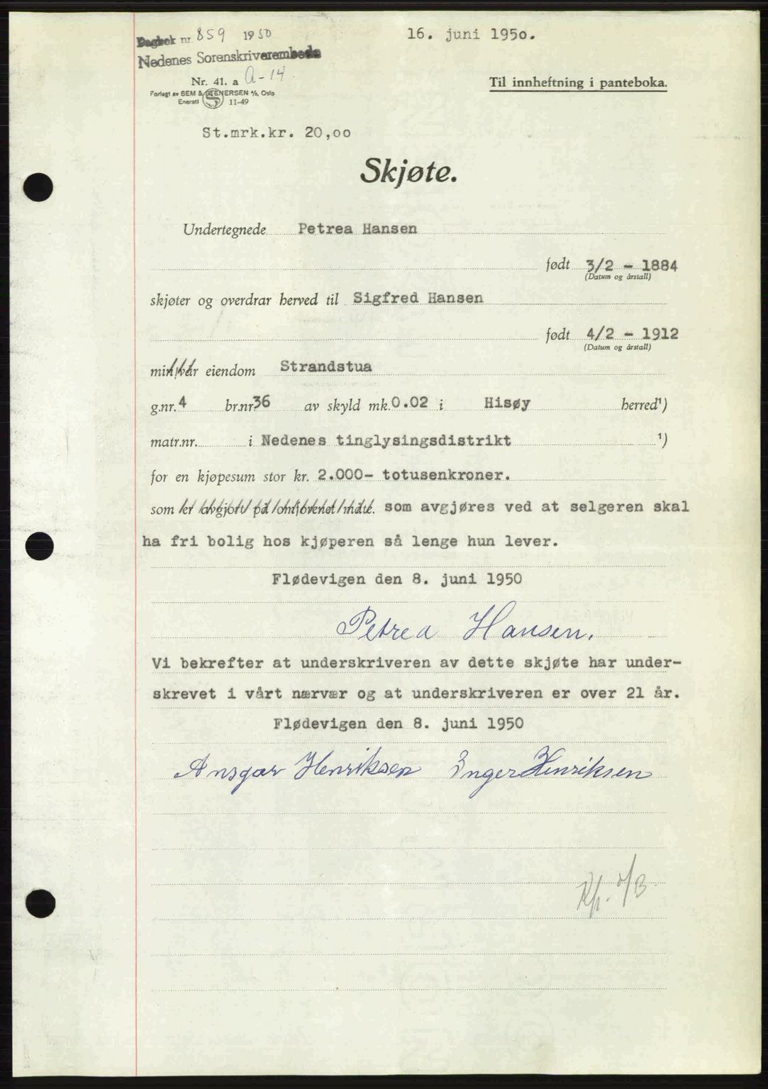 Nedenes sorenskriveri, AV/SAK-1221-0006/G/Gb/Gba/L0062: Mortgage book no. A14, 1949-1950, Diary no: : 859/1950