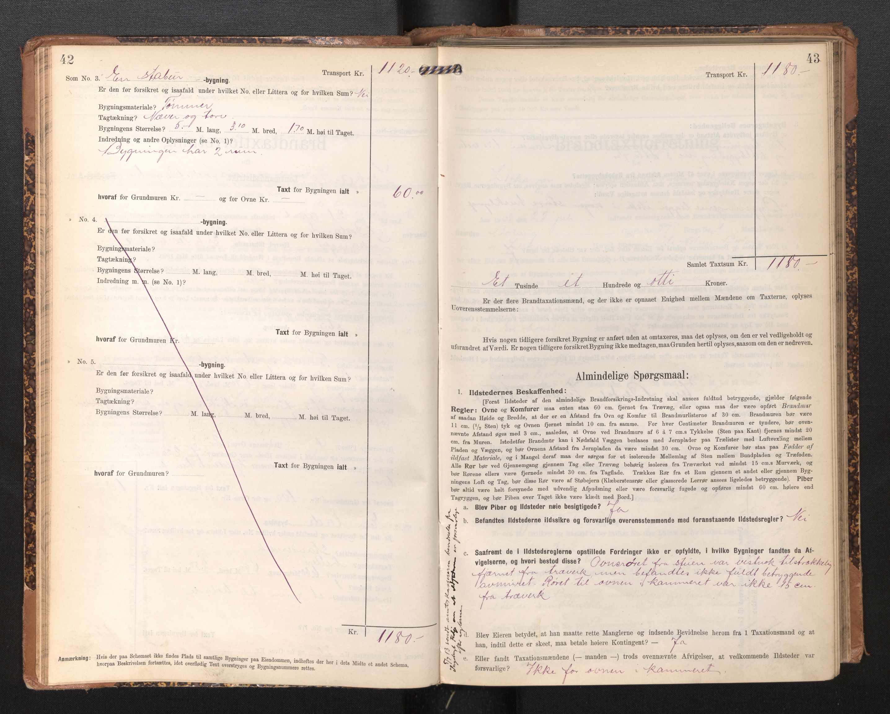 Lensmannen i Leikanger, AV/SAB-A-29201/0012/L0005: Branntakstprotokoll, skjematakst, 1907-1917, p. 42-43