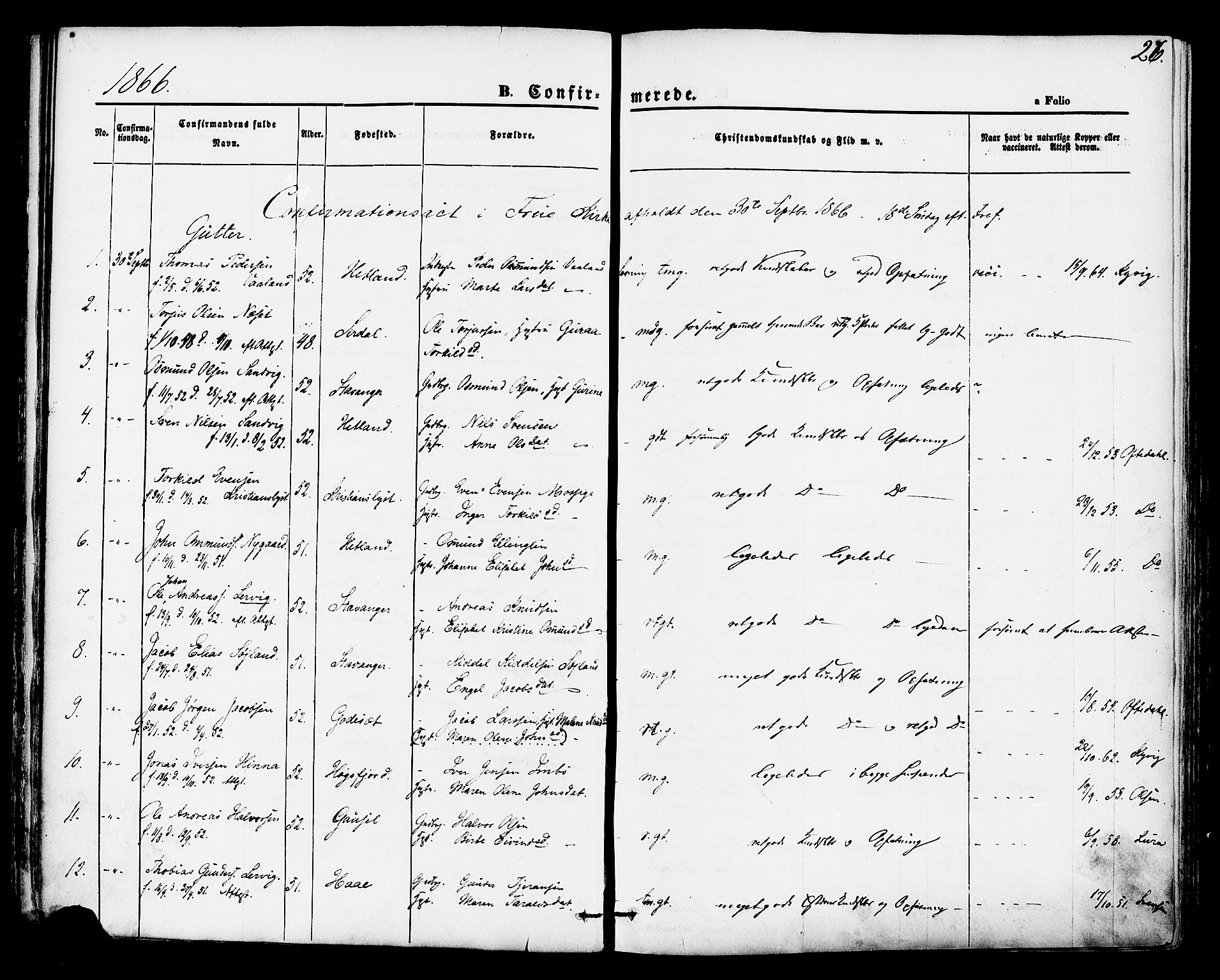 Hetland sokneprestkontor, SAST/A-101826/30/30BA/L0004: Parish register (official) no. A 4, 1862-1881, p. 26