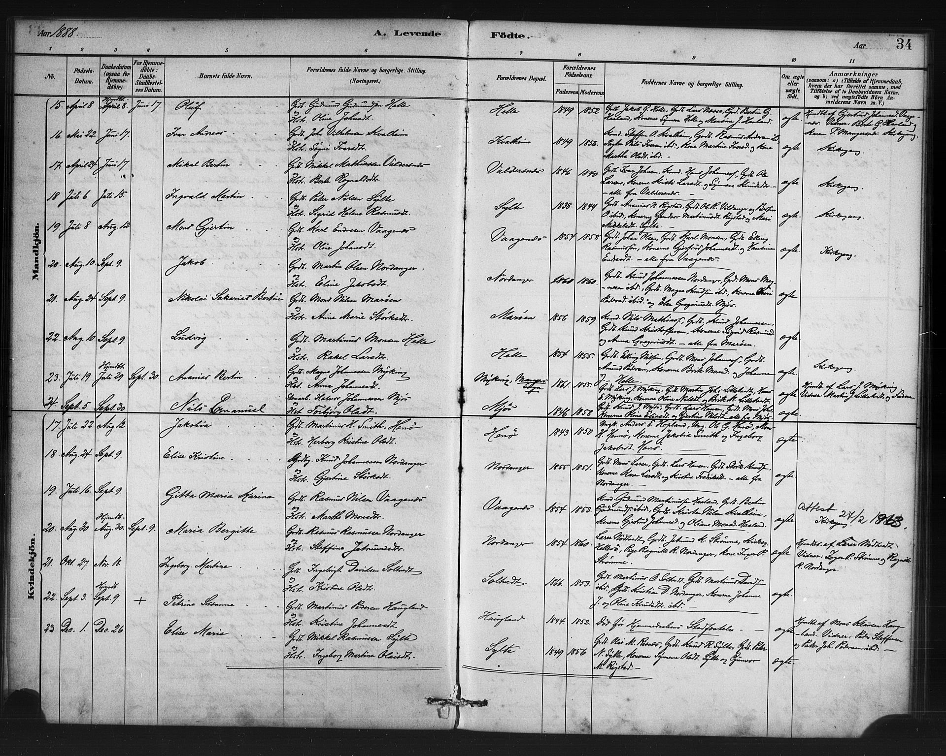 Manger sokneprestembete, SAB/A-76801/H/Haa: Parish register (official) no. C 1, 1881-1890, p. 34