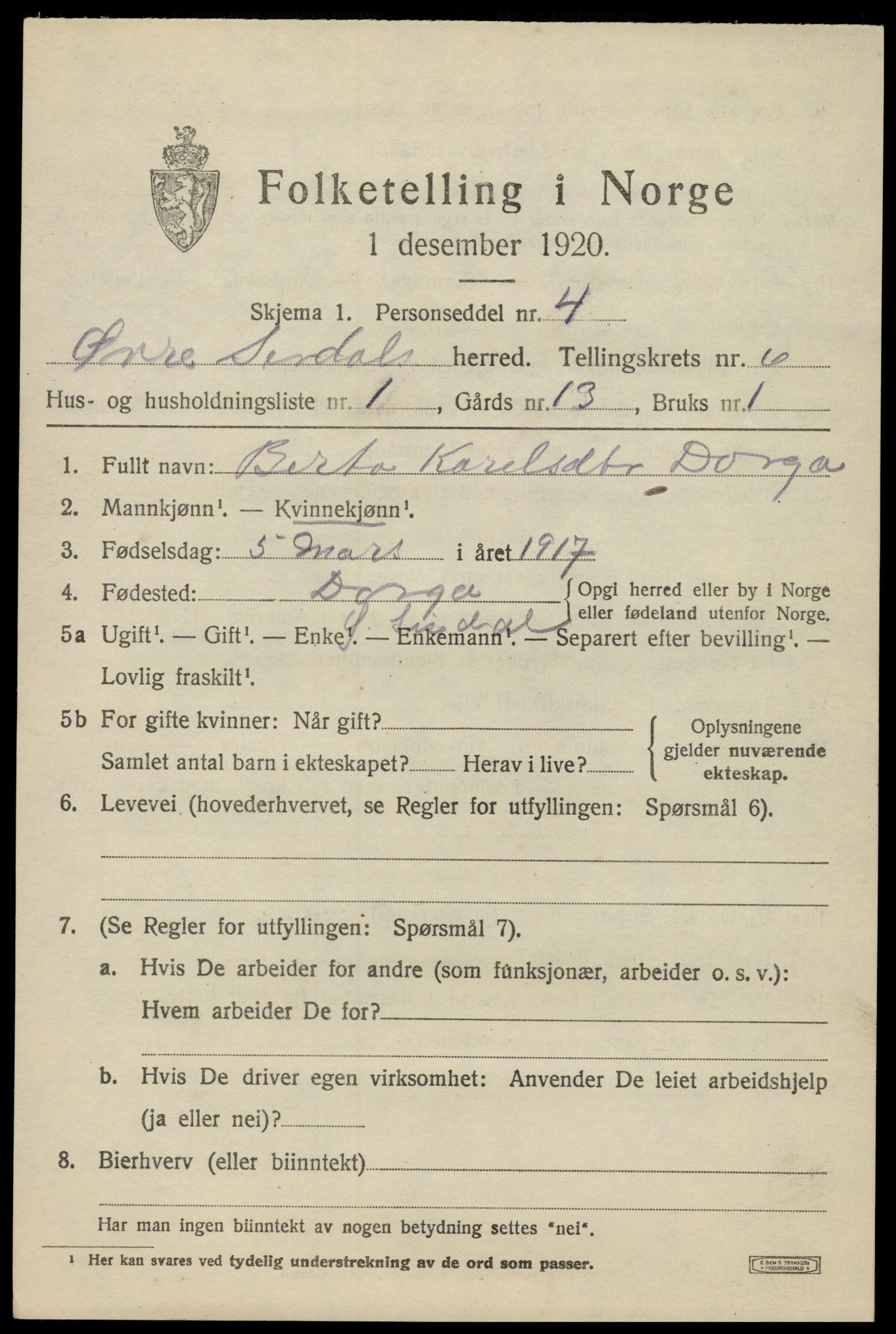 SAK, 1920 census for Øvre Sirdal, 1920, p. 1049