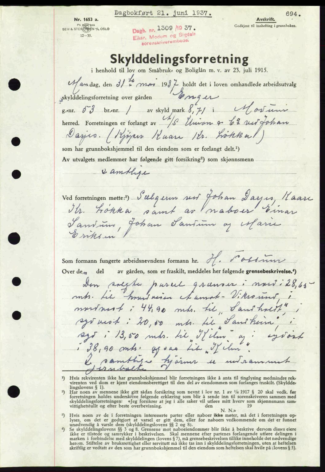 Eiker, Modum og Sigdal sorenskriveri, SAKO/A-123/G/Ga/Gab/L0035: Mortgage book no. A5, 1937-1937, Diary no: : 1309/1937