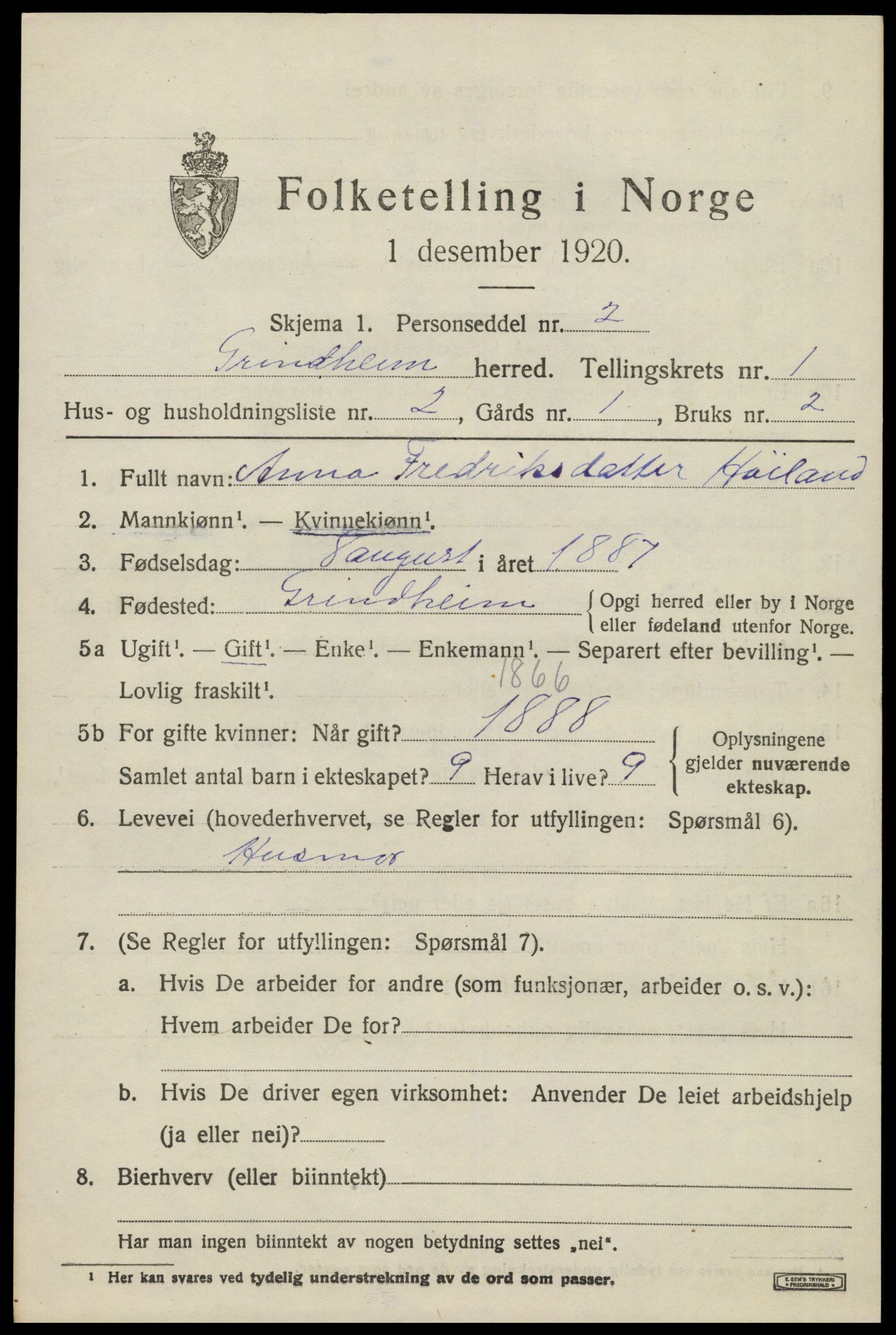 SAK, 1920 census for Grindheim, 1920, p. 417