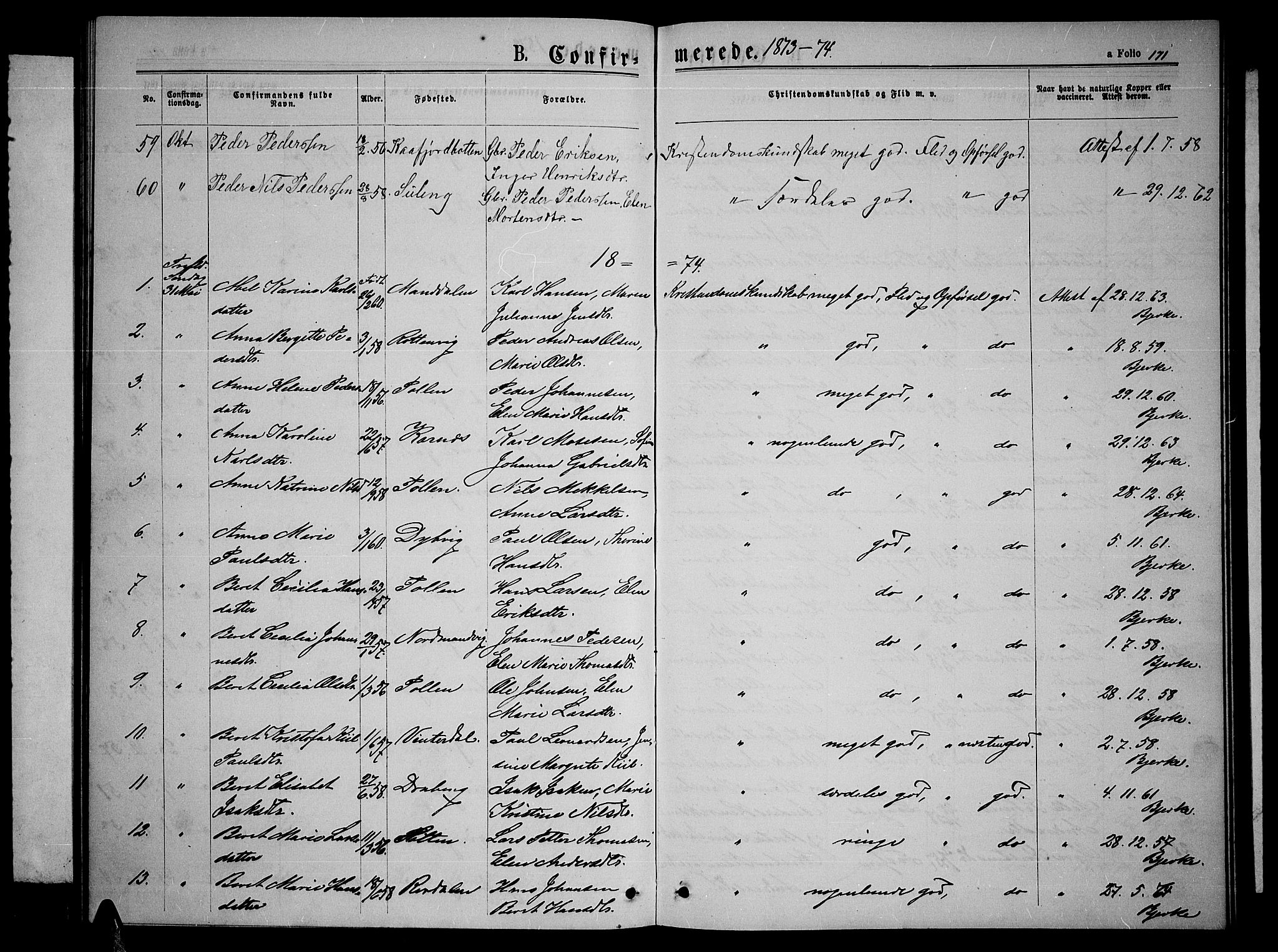 Lyngen sokneprestembete, SATØ/S-1289/H/He/Heb/L0004klokker: Parish register (copy) no. 4, 1868-1878, p. 171