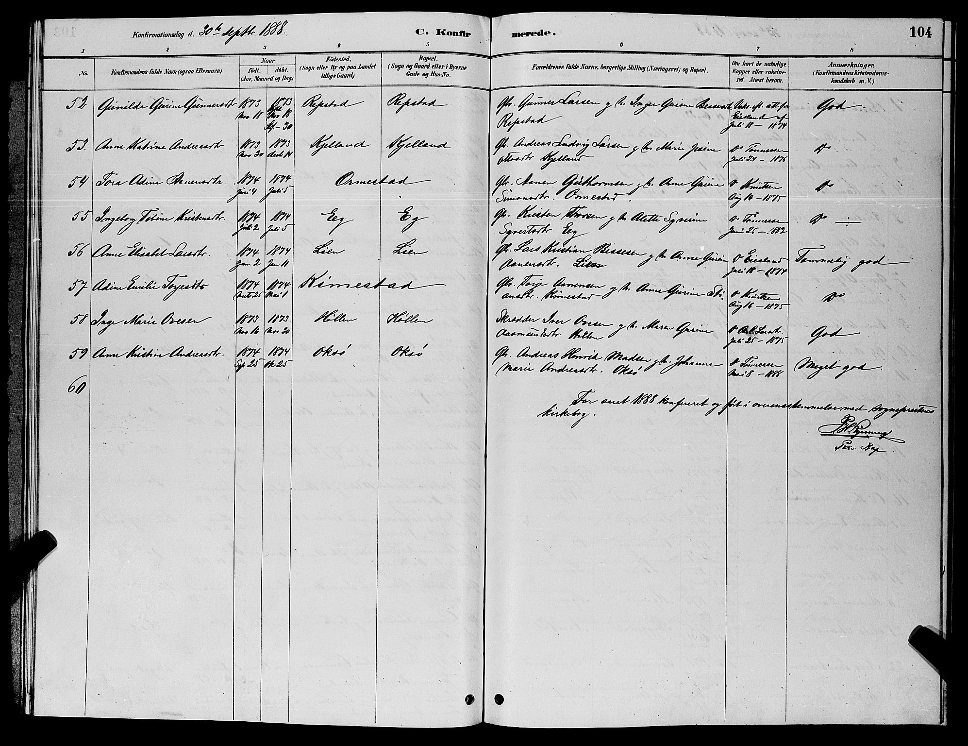 Søgne sokneprestkontor, SAK/1111-0037/F/Fb/Fbb/L0005: Parish register (copy) no. B 5, 1884-1891, p. 104