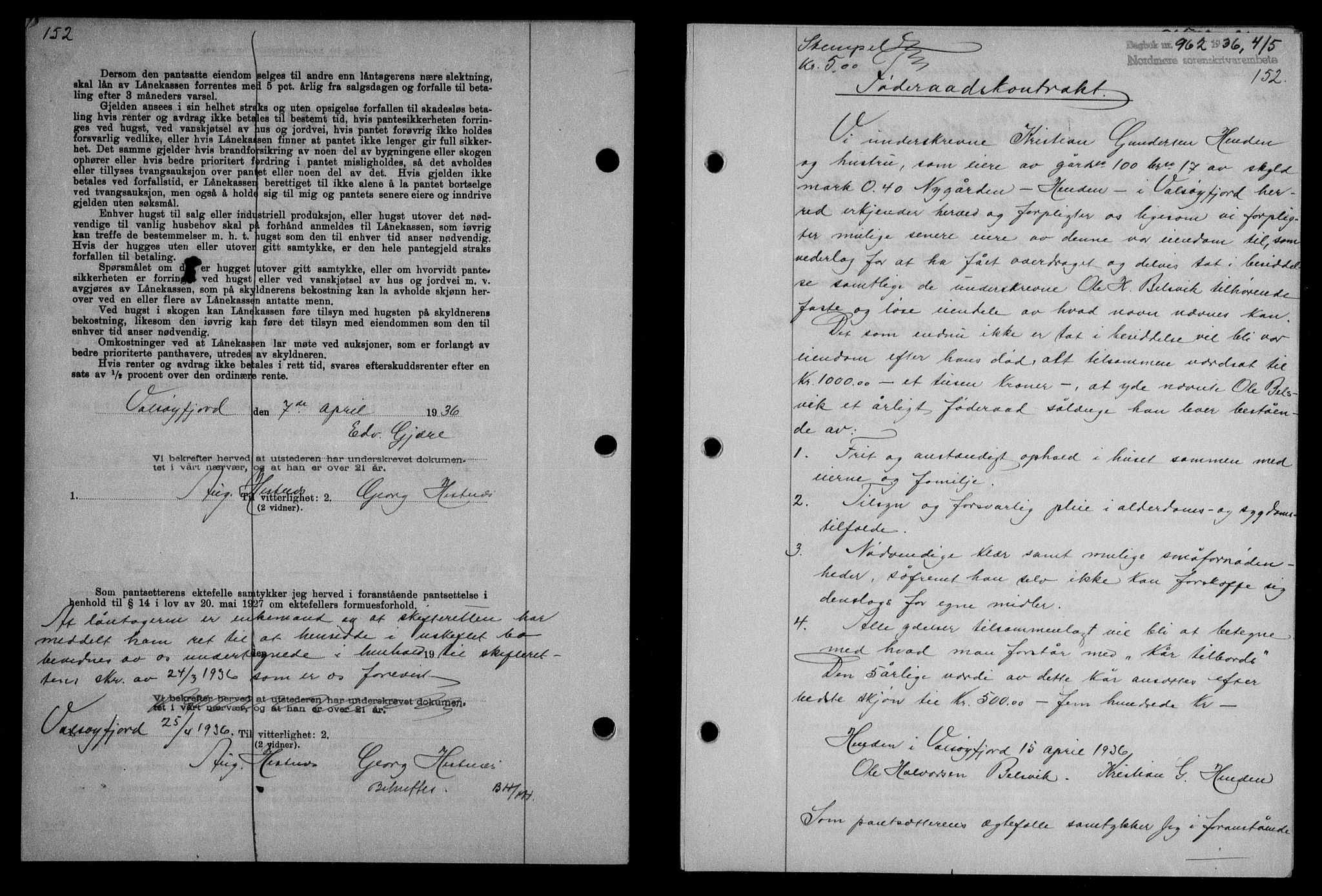 Nordmøre sorenskriveri, AV/SAT-A-4132/1/2/2Ca/L0088: Mortgage book no. 78, 1936-1936, Diary no: : 962/1936