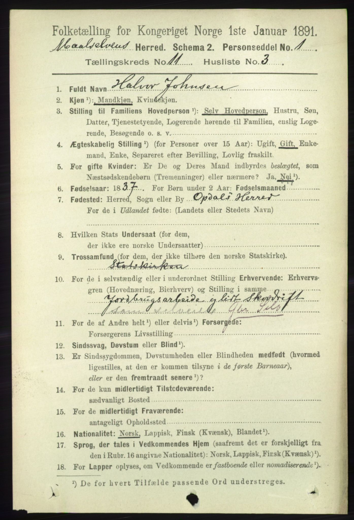 RA, 1891 census for 1924 Målselv, 1891, p. 3285