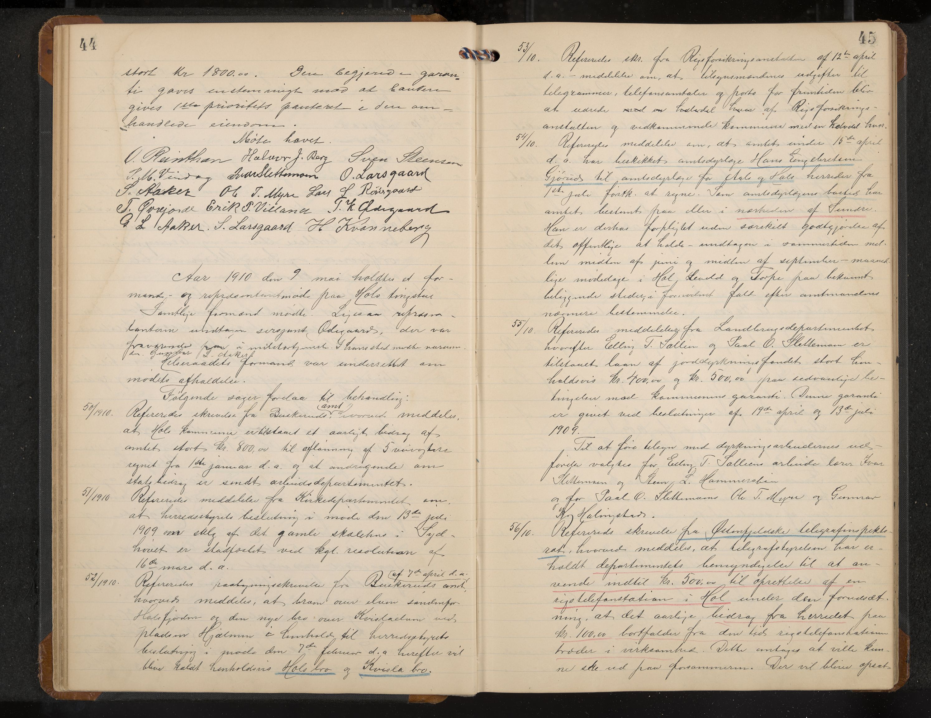 Hol formannskap og sentraladministrasjon, IKAK/0620021-1/A/L0005: Møtebok, 1909-1915, p. 44-45