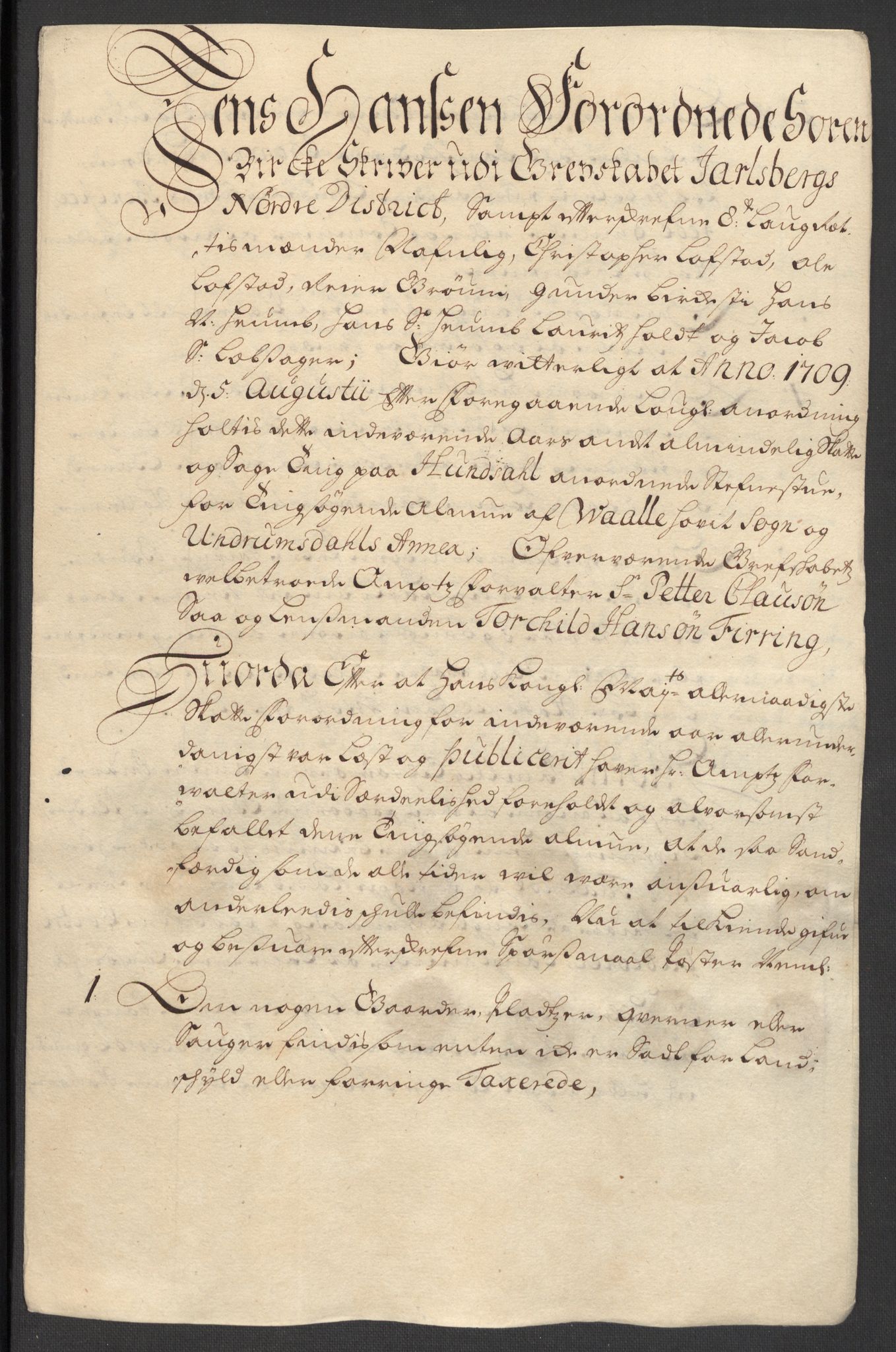 Rentekammeret inntil 1814, Reviderte regnskaper, Fogderegnskap, AV/RA-EA-4092/R32/L1874: Fogderegnskap Jarlsberg grevskap, 1709, p. 137