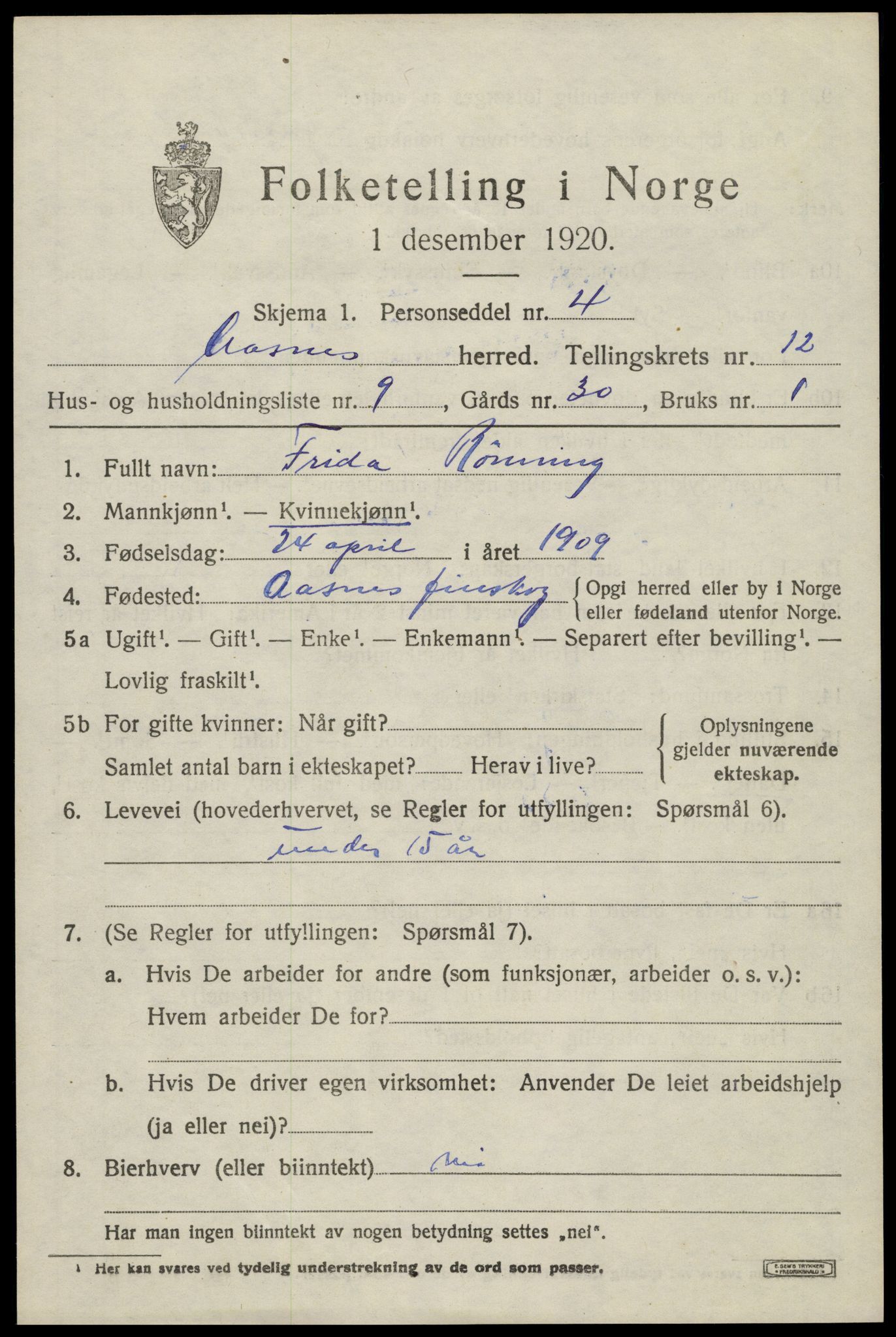 SAH, 1920 census for Åsnes, 1920, p. 12348