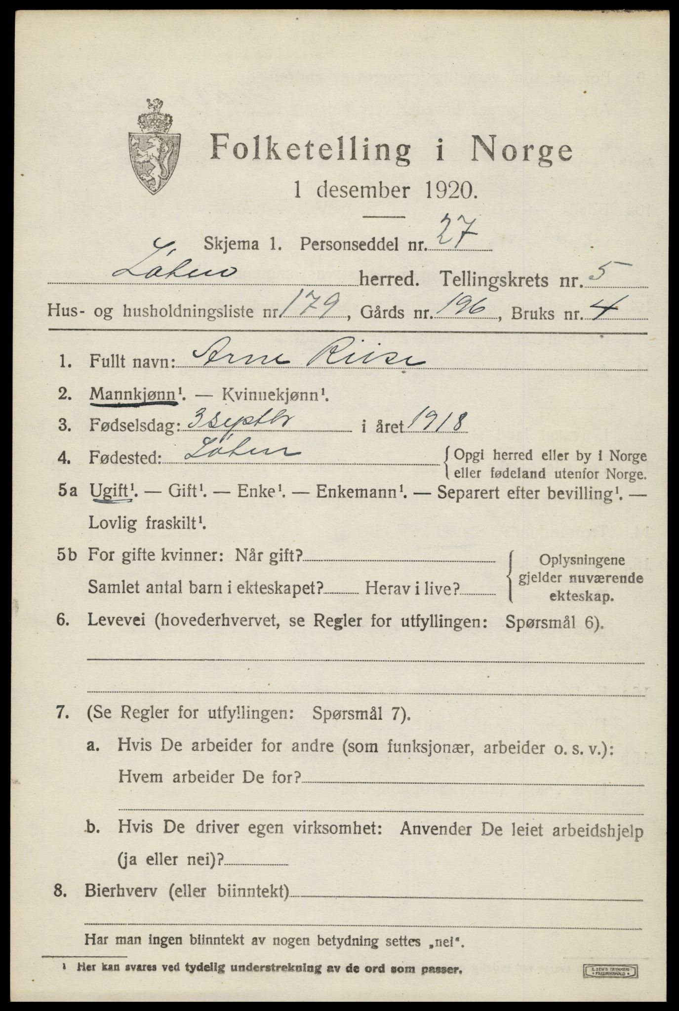 SAH, 1920 census for Løten, 1920, p. 11855